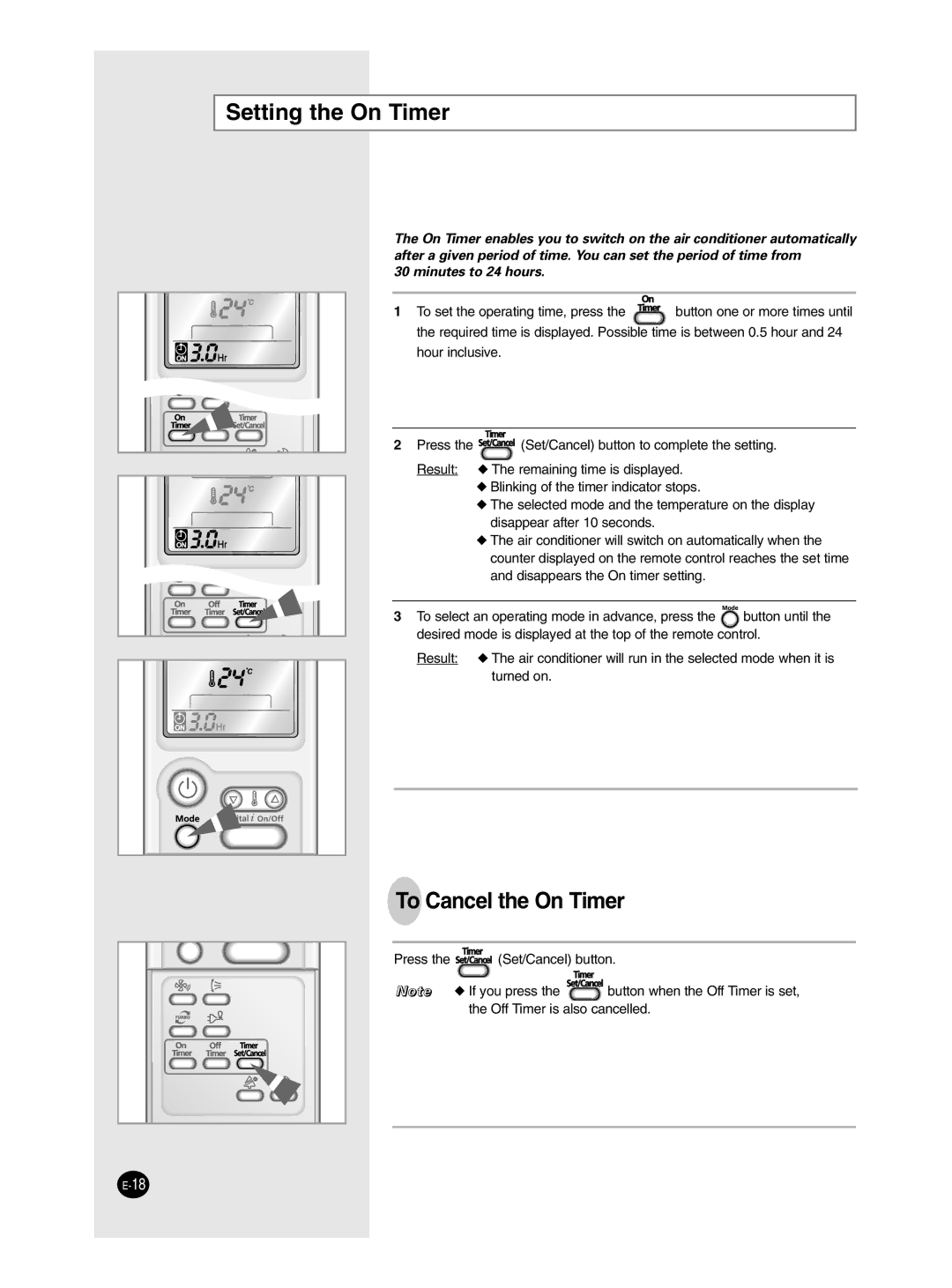 Samsung SH18ZPJE/SER, SH12ZP4E/SER, SH12ZP4E/XFO manual Setting the On Timer, To Cancel the On Timer 