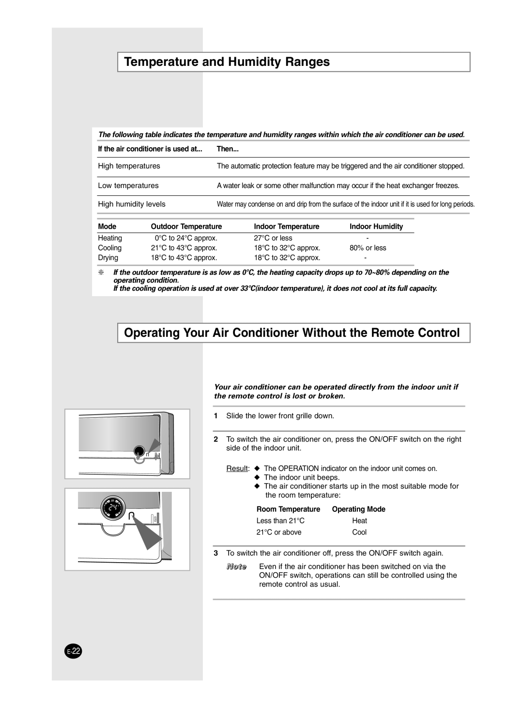 Samsung SH12ZP4E/SER manual Temperature and Humidity Ranges, Operating Your Air Conditioner Without the Remote Control 