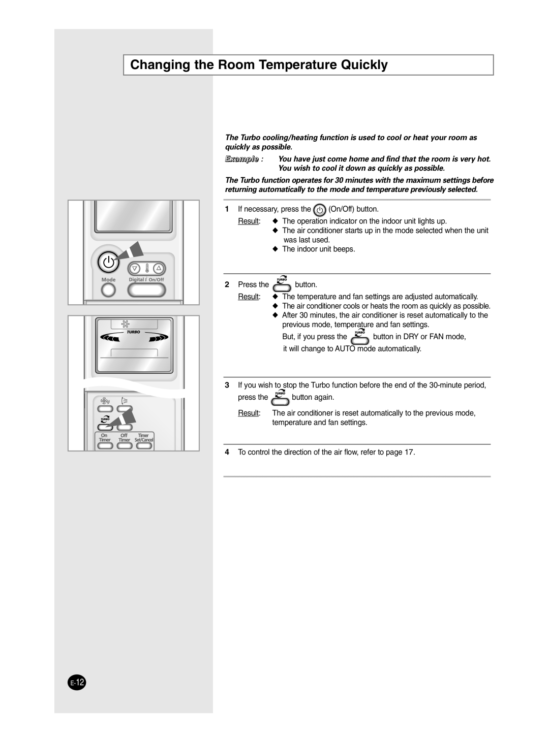 Samsung SH12ZP4E/XFO, SH18ZPJE/SER, SH24ZP6E/SER, SH12ZP4E/SER, SH09ZP2E/SER manual Changing the Room Temperature Quickly 