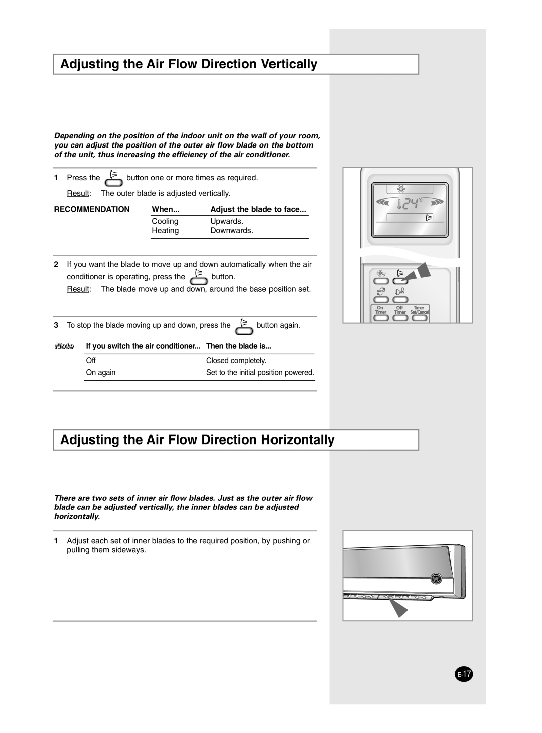 Samsung SH24ZP6E/SER manual Adjusting the Air Flow Direction Vertically, Adjusting the Air Flow Direction Horizontally 