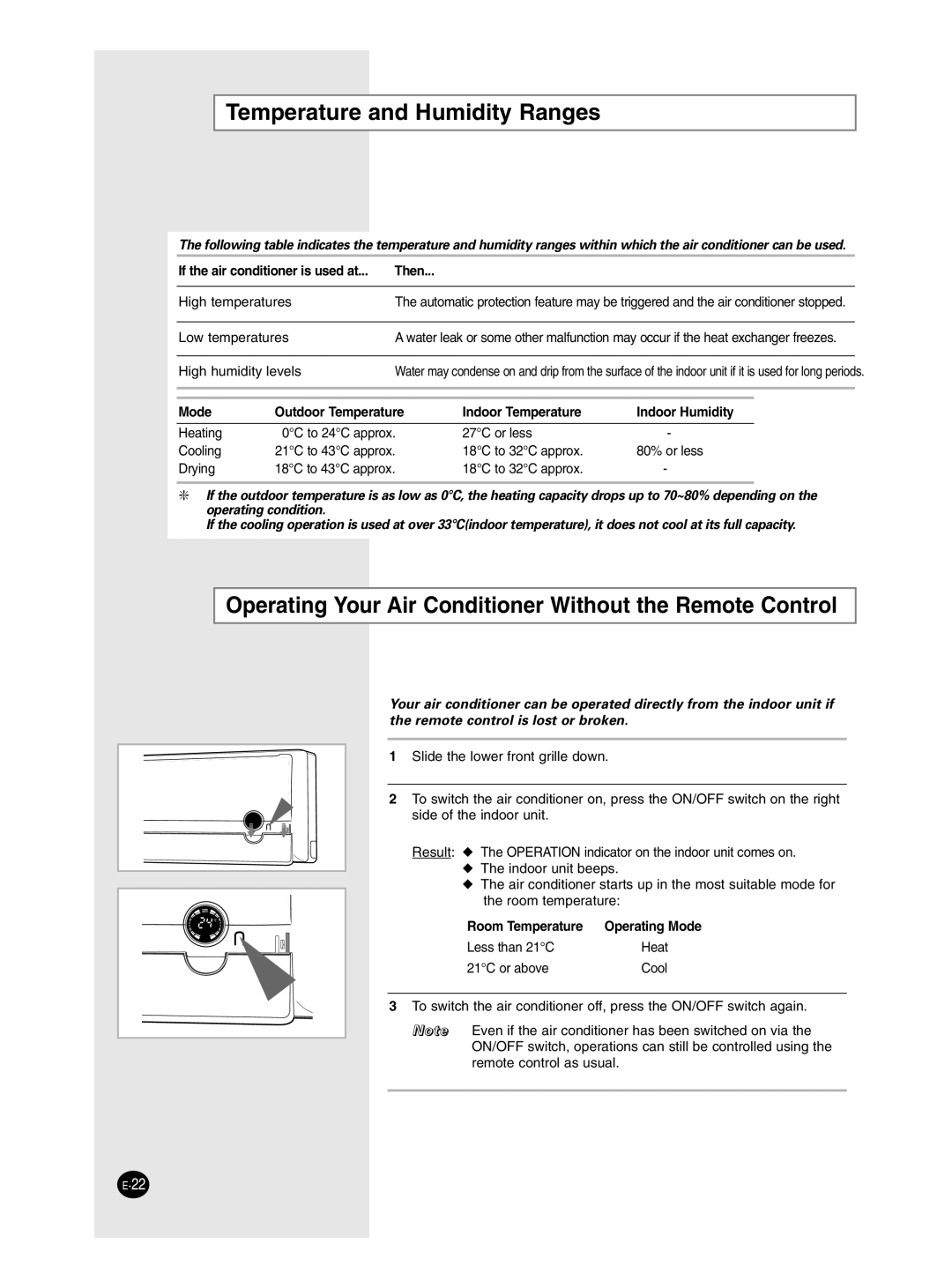 Samsung SH18ZPJE/XFO manual Temperature and Humidity Ranges, Operating Your Air Conditioner Without the Remote Control 