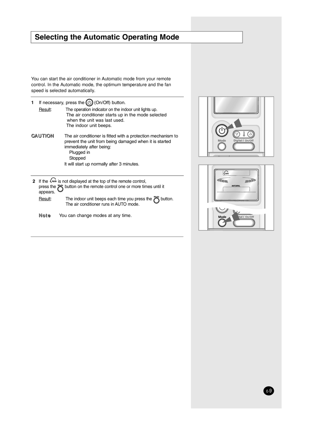 Samsung SH24ZP6E/SER, SH18ZPJE/SER, SH12ZP4E/SER, SH09ZP2E/SER, SH12ZP4E/XFO manual Selecting the Automatic Operating Mode 