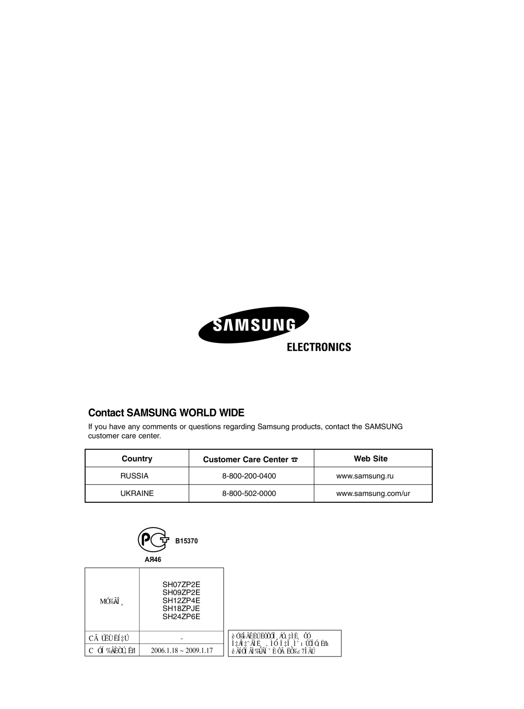 Samsung SH12ZP4E/XFO, SH18ZPJE/SER, SH24ZP6E/SER, SH12ZP4E/SER, SH09ZP2E/SER B15370 Äü46, Mó‰Âî¸, Câúëùëí‡Ú, 2006.1.18 ~ 