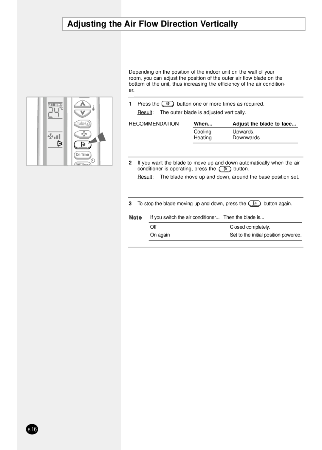 Samsung SH18ZS0/SER manual Adjusting the Air Flow Direction Vertically, Recommendation 