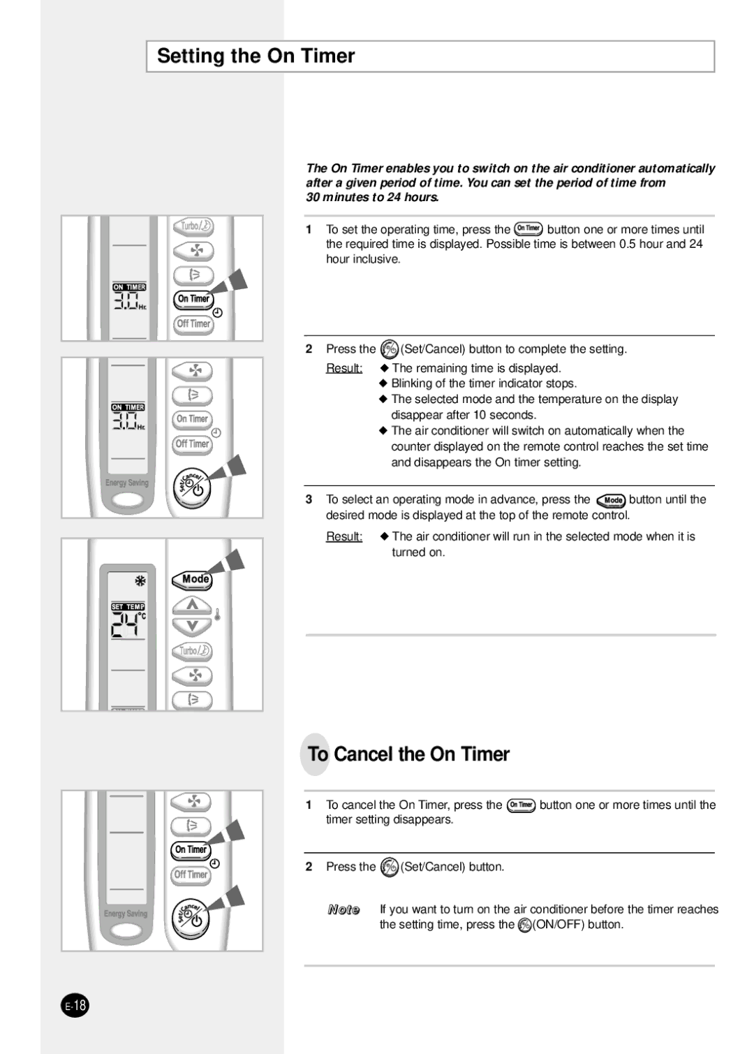 Samsung SH18ZS0/SER manual Setting the On Timer, To Cancel the On Timer 