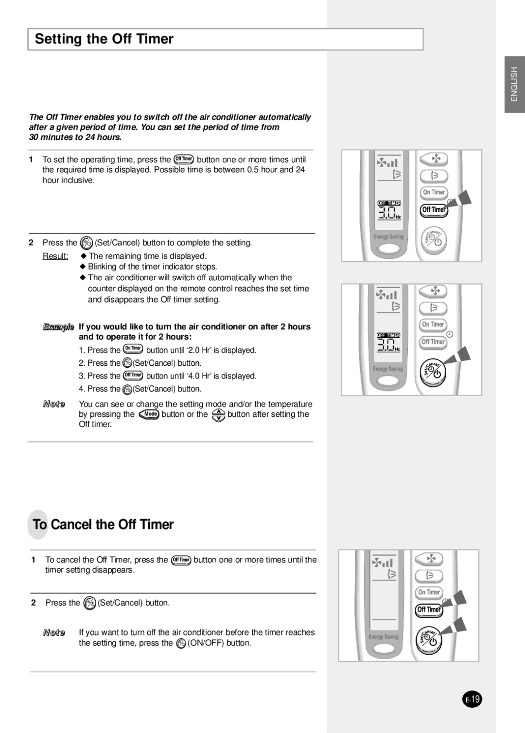 Samsung SH18ZS0/SER manual Setting the Off Timer, To Cancel the Off Timer 