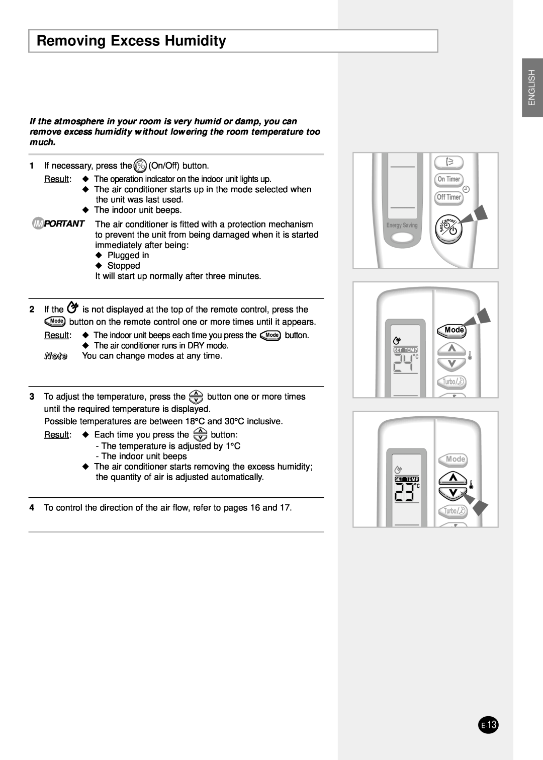 Samsung SH18ZS0/SER manual Removing Excess Humidity, English, E-13 