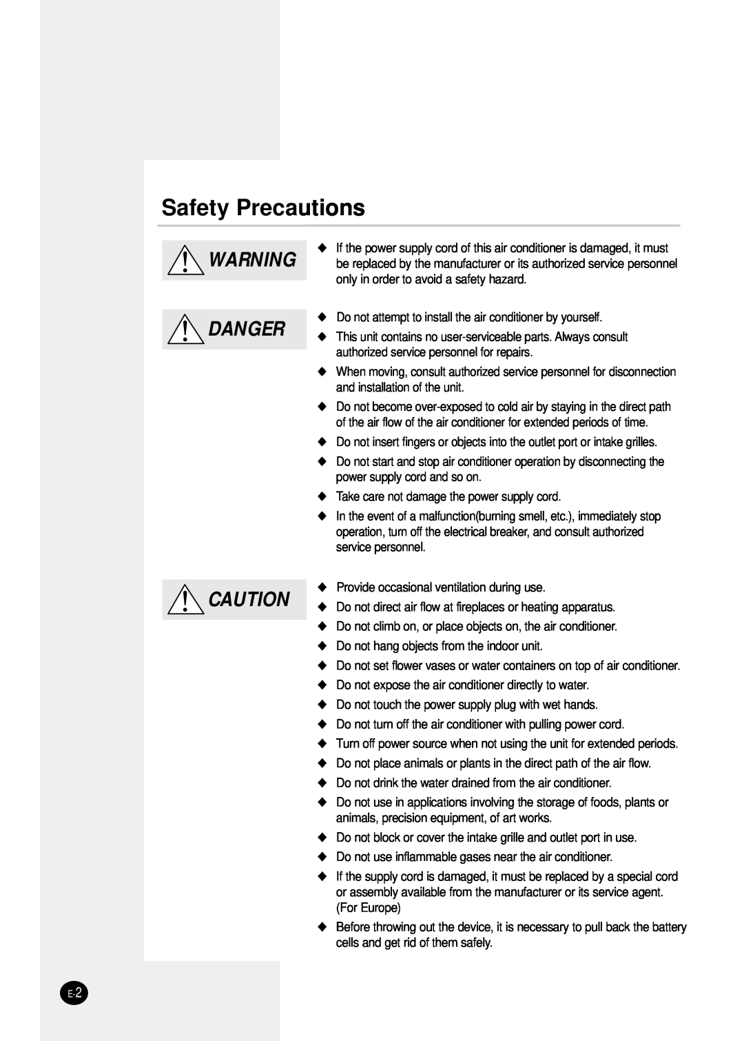 Samsung SH18ZS0/SER manual Safety Precautions, Danger 