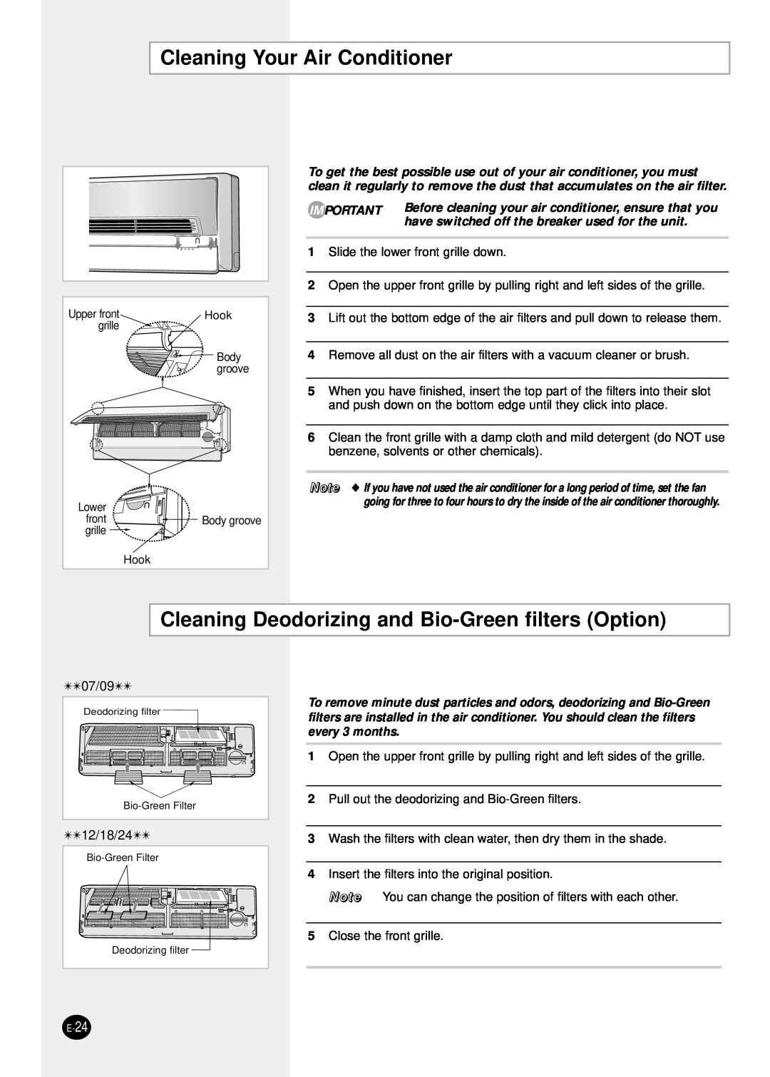 Samsung SH18ZS0 manual Cleaning Your Air Conditioner, Cleaning Deodorizing and Bio-Green filters Option, 07/09, 12/18/24 