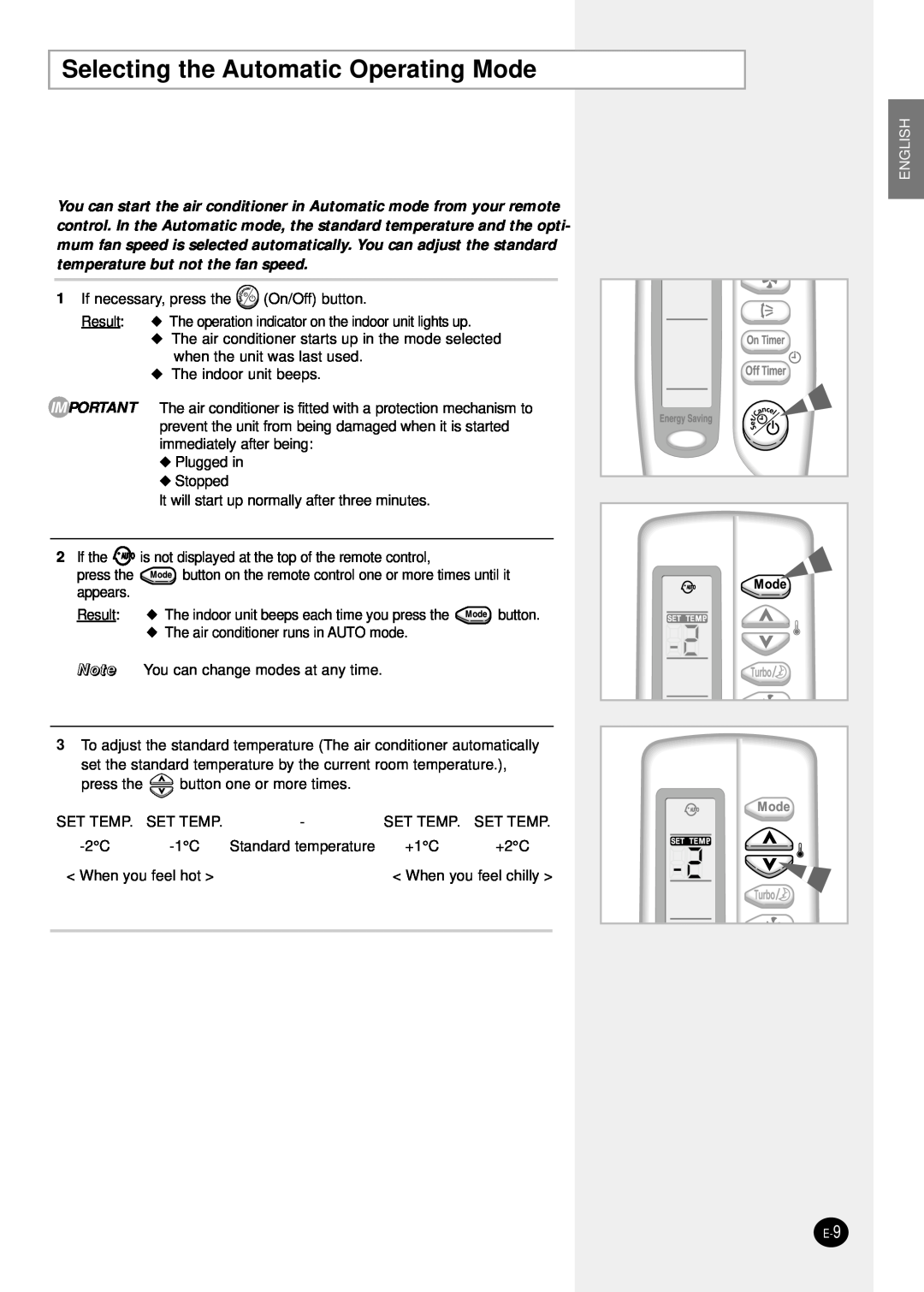 Samsung SH18ZS0/SER manual Selecting the Automatic Operating Mode, English 