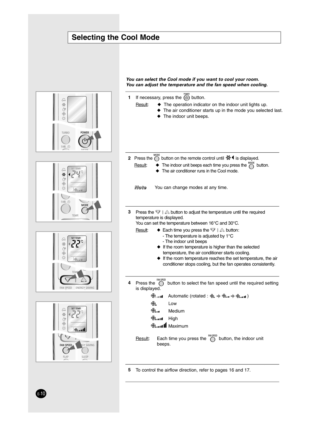 Samsung SH18ZWJ, SH24ZW6/XFO manual Selecting the Cool Mode 