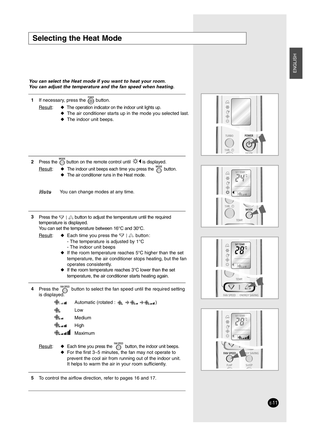 Samsung SH24ZW6/XFO, SH18ZWJ manual Selecting the Heat Mode 