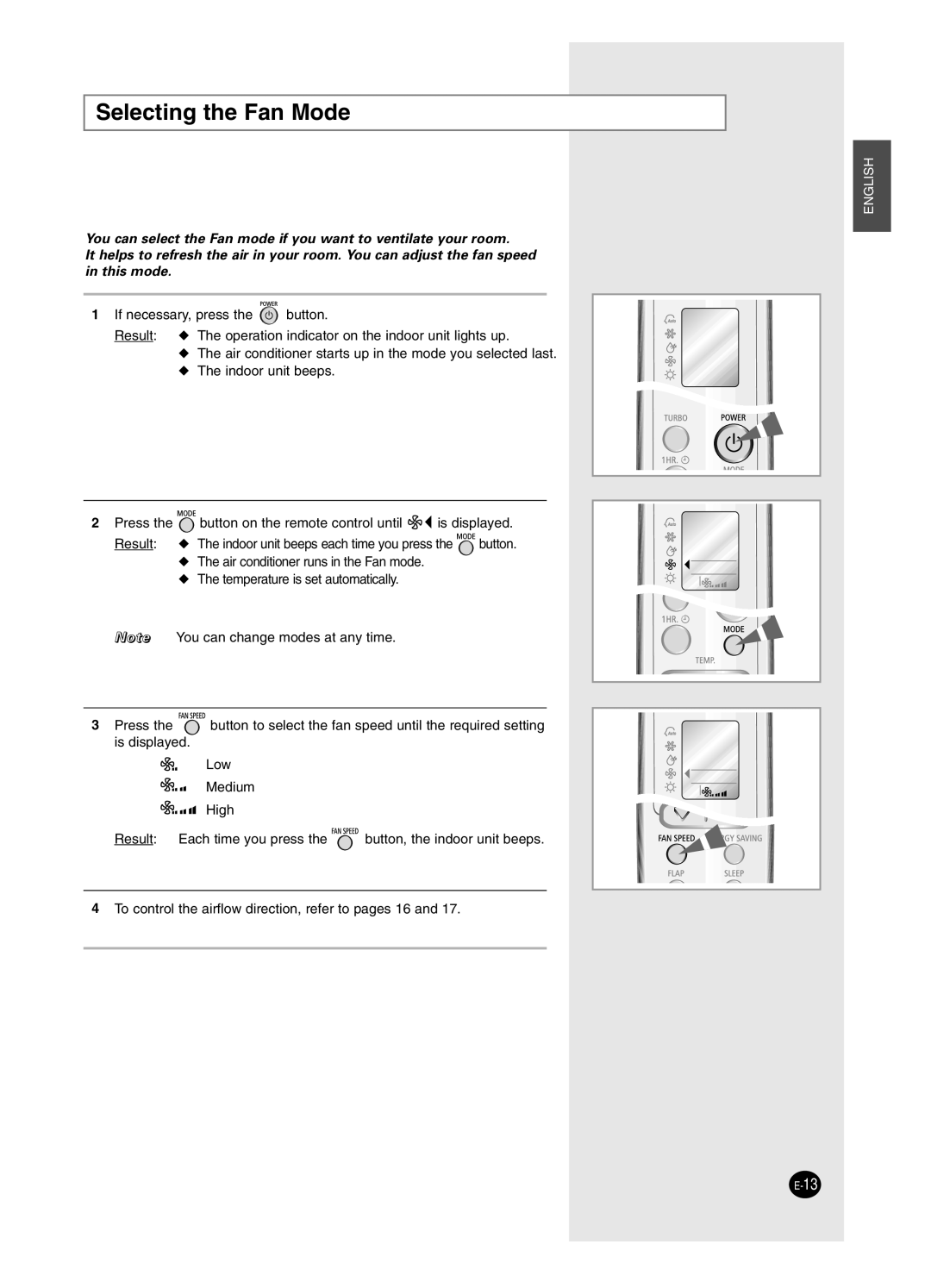 Samsung SH18ZWJ, SH24ZW6/XFO manual Selecting the Fan Mode 