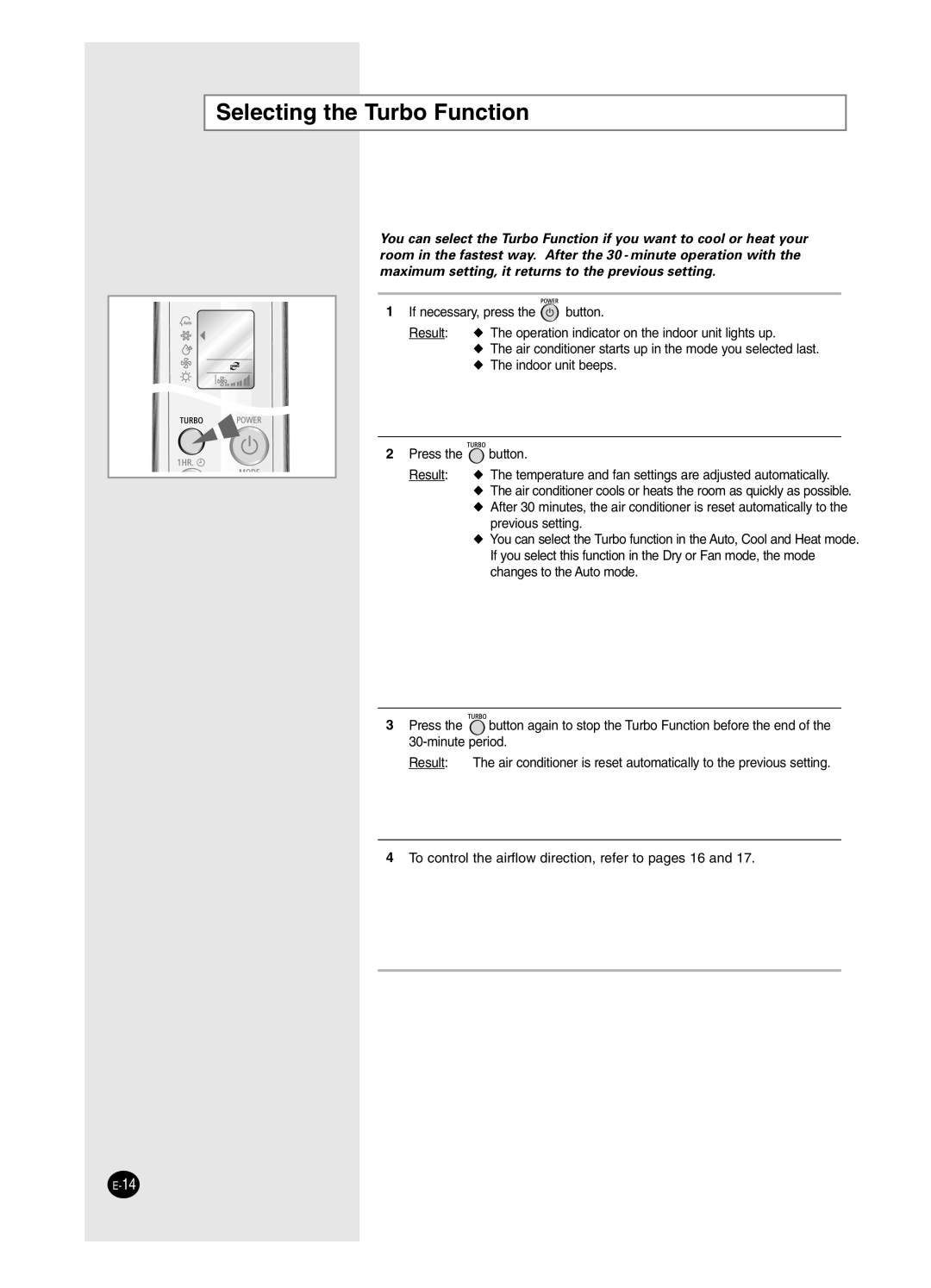 Samsung SH24ZW6/XFO, SH18ZWJ manual Selecting the Turbo Function 