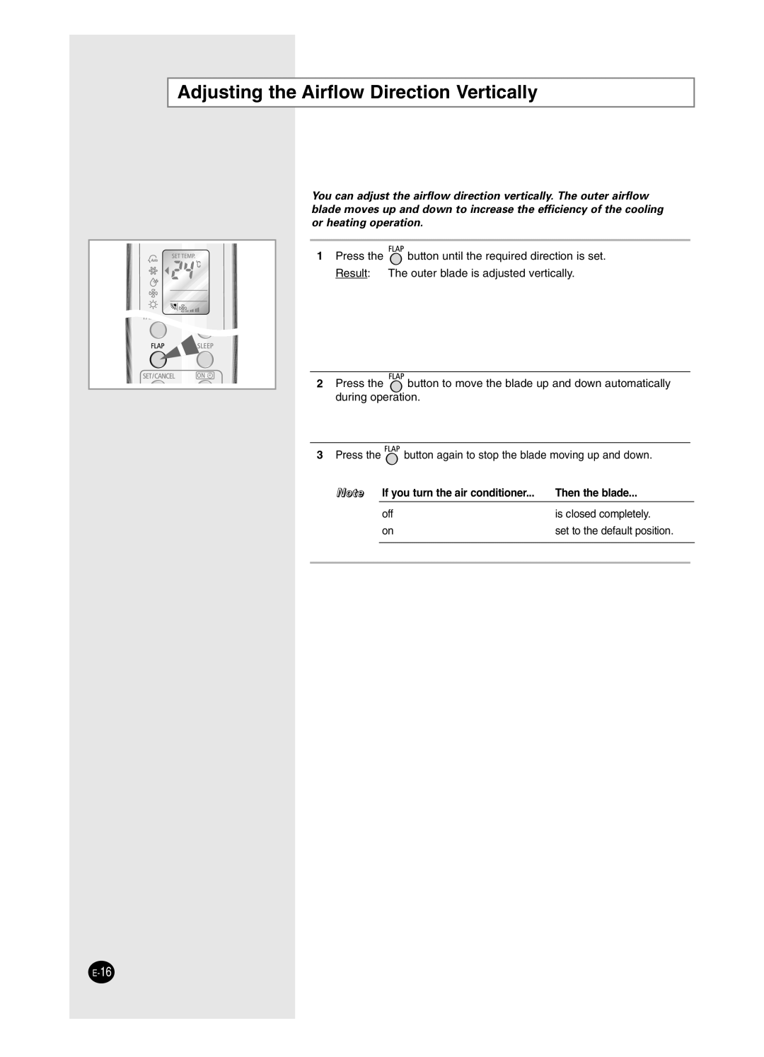 Samsung SH18ZWJ, SH24ZW6/XFO manual Adjusting the Airflow Direction Vertically 