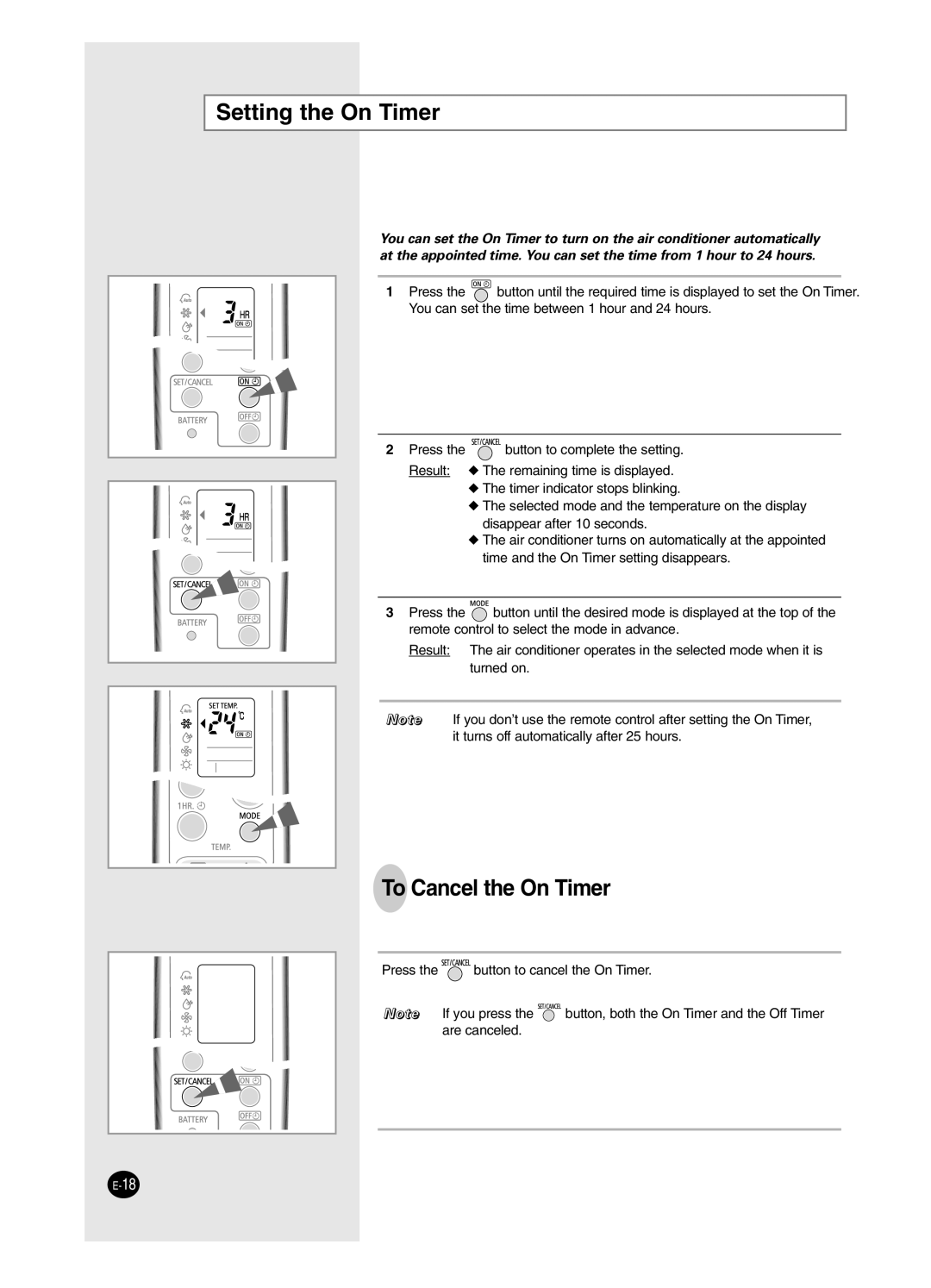 Samsung SH18ZWJ, SH24ZW6/XFO manual Setting the On Timer, To Cancel the On Timer 