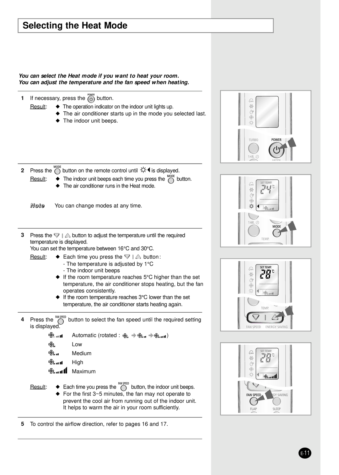 Samsung SH18ZWJ/XFO, SH18ZWJ/SER, SH24ZW6/SER manual Selecting the Heat Mode 