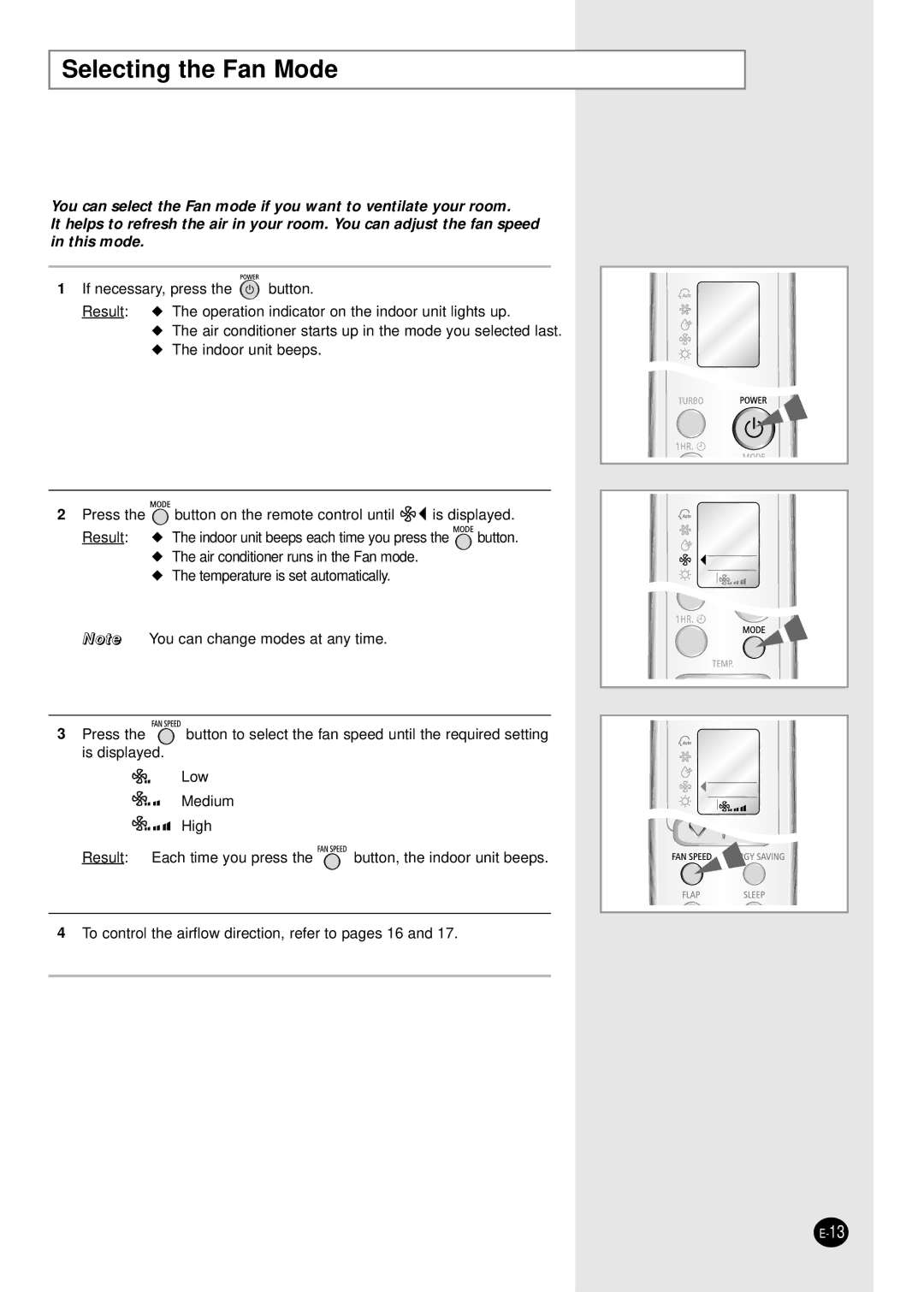 Samsung SH24ZW6/SER, SH18ZWJ/SER, SH18ZWJ/XFO manual Selecting the Fan Mode 