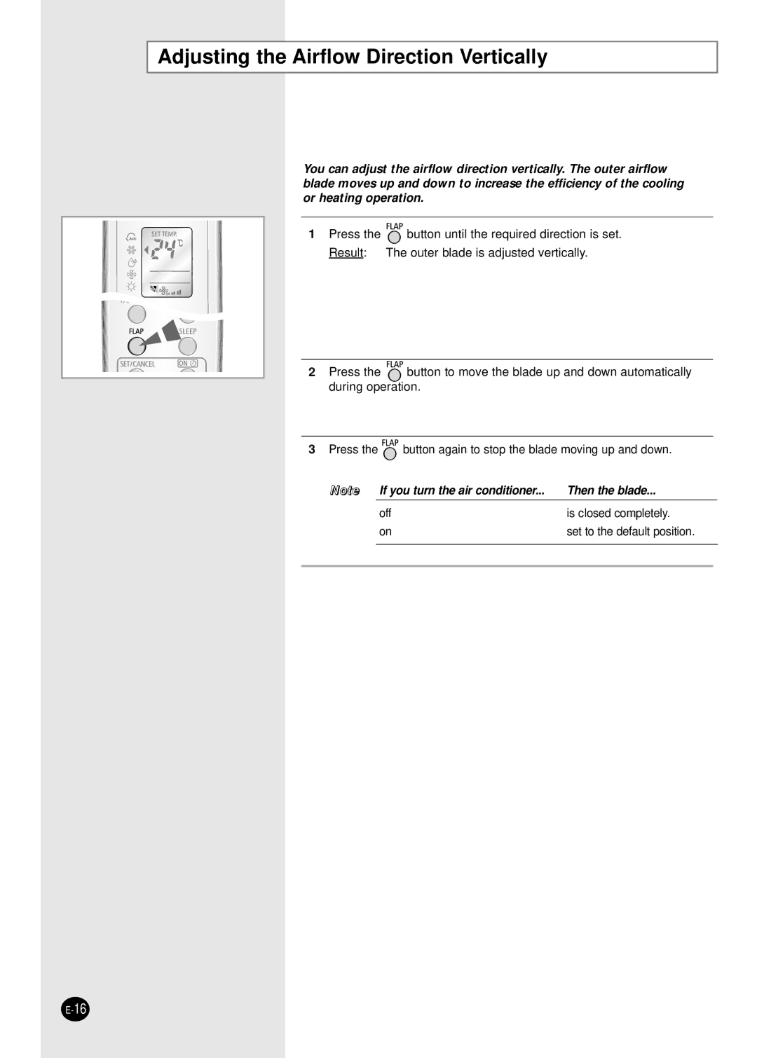 Samsung SH24ZW6/SER, SH18ZWJ/SER, SH18ZWJ/XFO manual Adjusting the Airflow Direction Vertically 