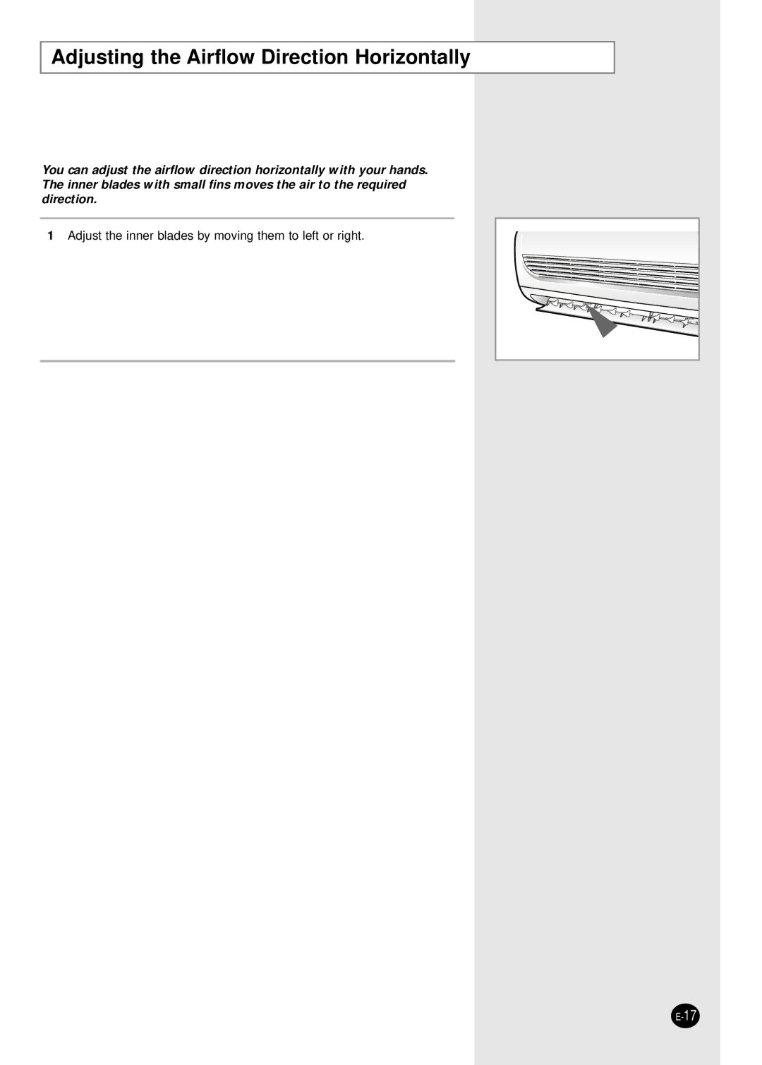 Samsung SH18ZWJ/XFO, SH18ZWJ/SER, SH24ZW6/SER manual Adjusting the Airflow Direction Horizontally 