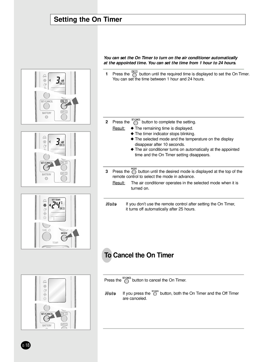 Samsung SH18ZWJ/SER, SH24ZW6/SER, SH18ZWJ/XFO manual Setting the On Timer, To Cancel the On Timer 