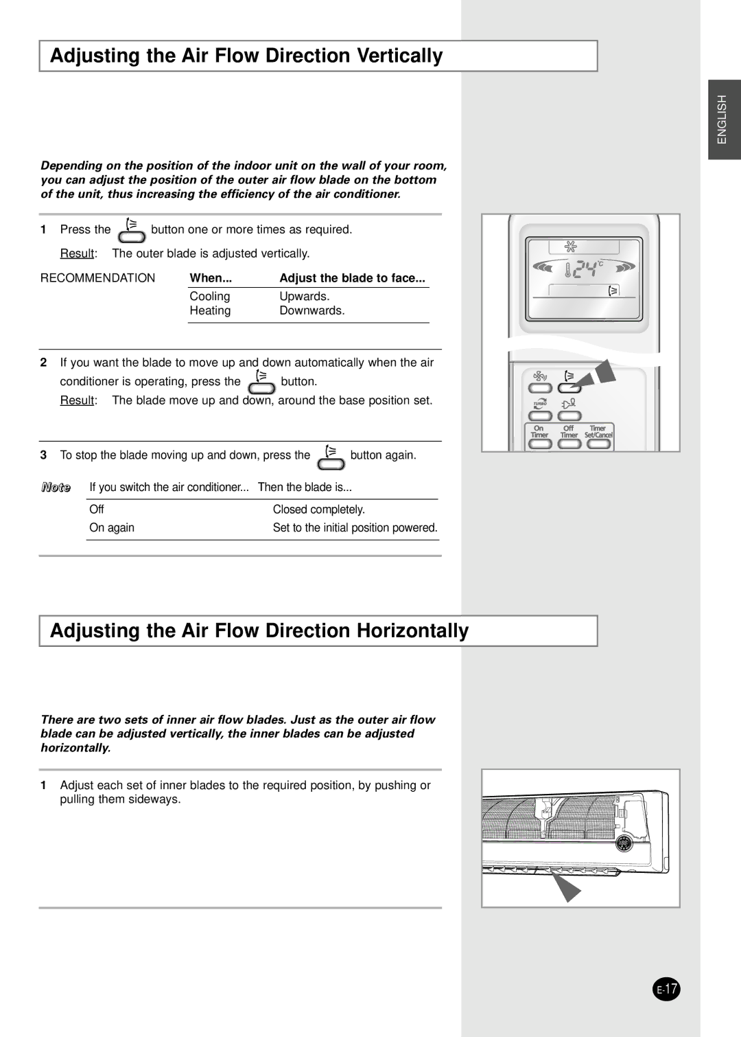 Samsung SH12AP4E, SH24AP6E manual Adjusting the Air Flow Direction Vertically, Adjusting the Air Flow Direction Horizontally 