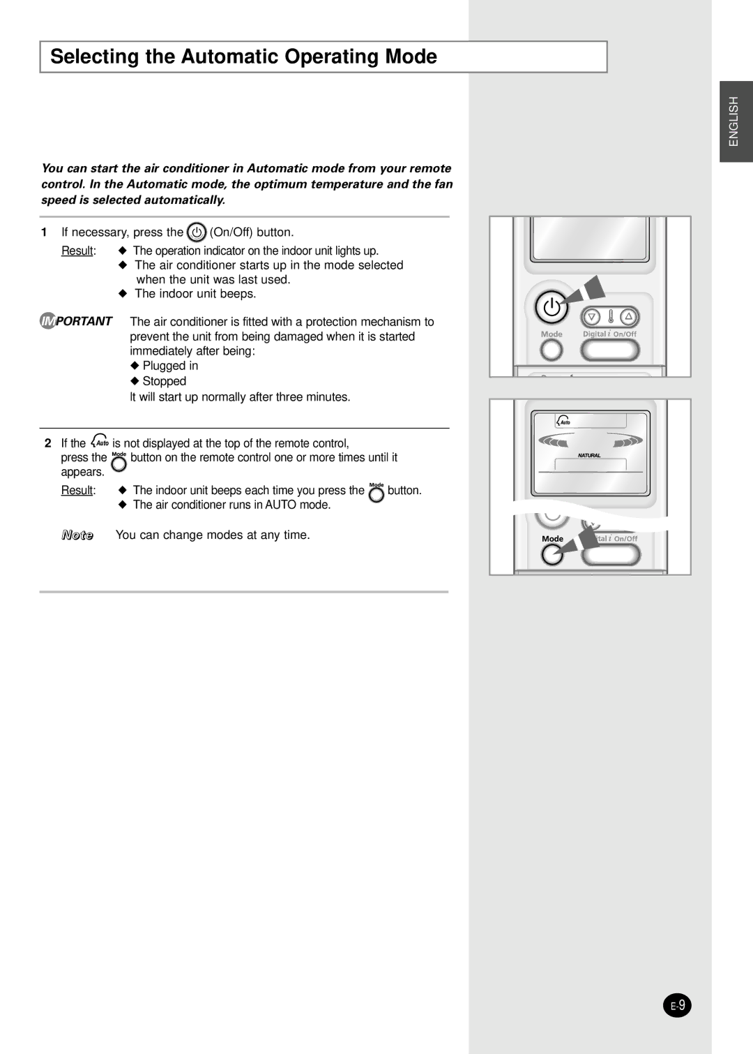 Samsung SH24AP6EX, SH18APJEX, SH12AP4EX, SH07AP4EX, SH09AP4EX manual Selecting the Automatic Operating Mode 