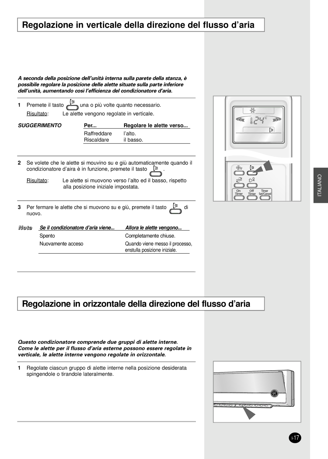 Samsung SH24AP6E, SH18APJEX, SH12AP4EX, SH09AP4E, SH07AP4EX Regolazione in verticale della direzione del flusso d’aria 