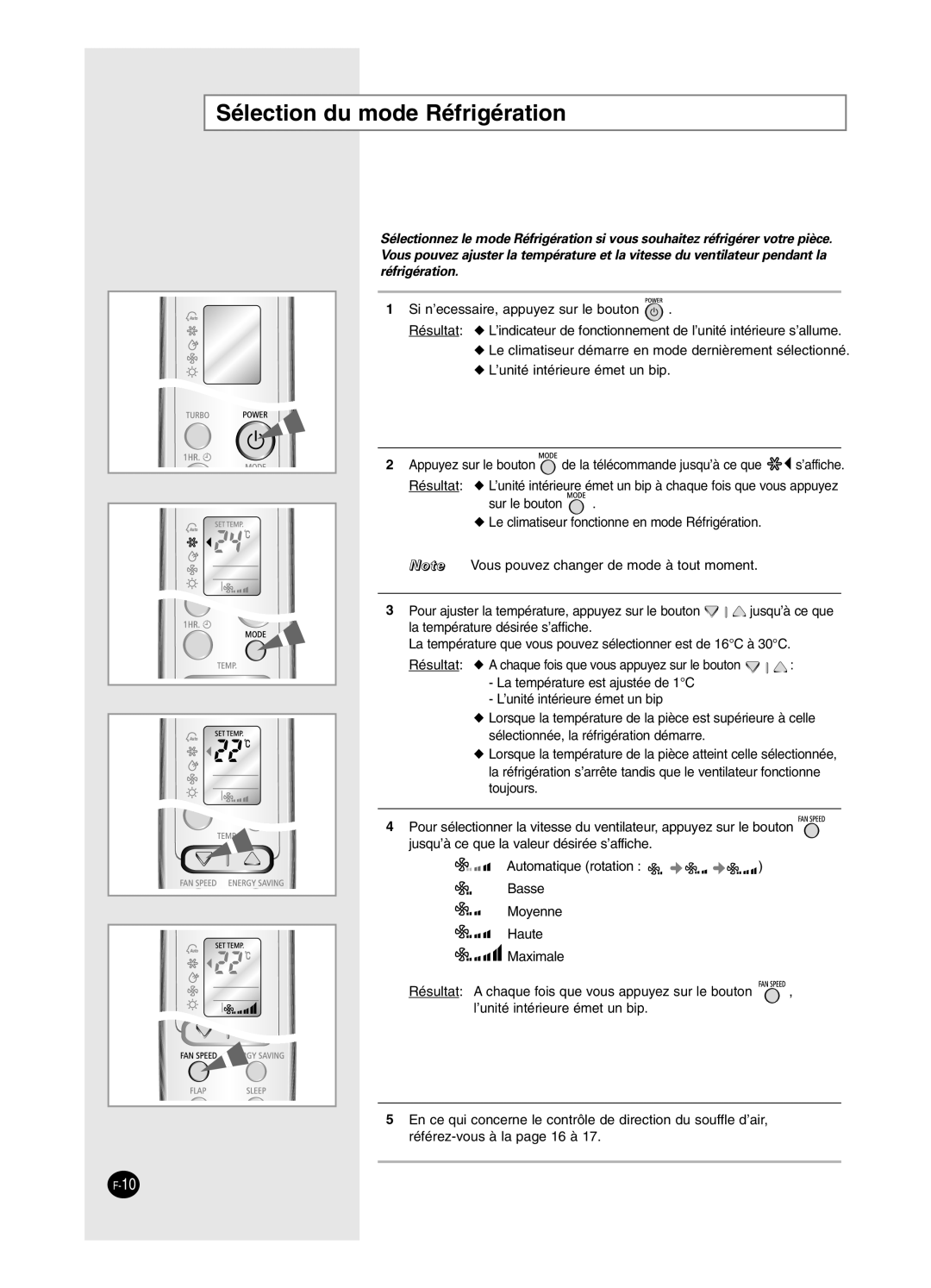 Samsung SH24BW2, SH18BW6 manual Sélection du mode Réfrigération 