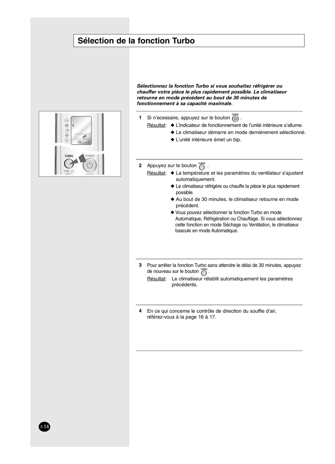 Samsung SH24BW2, SH18BW6 manual Sélection de la fonction Turbo 