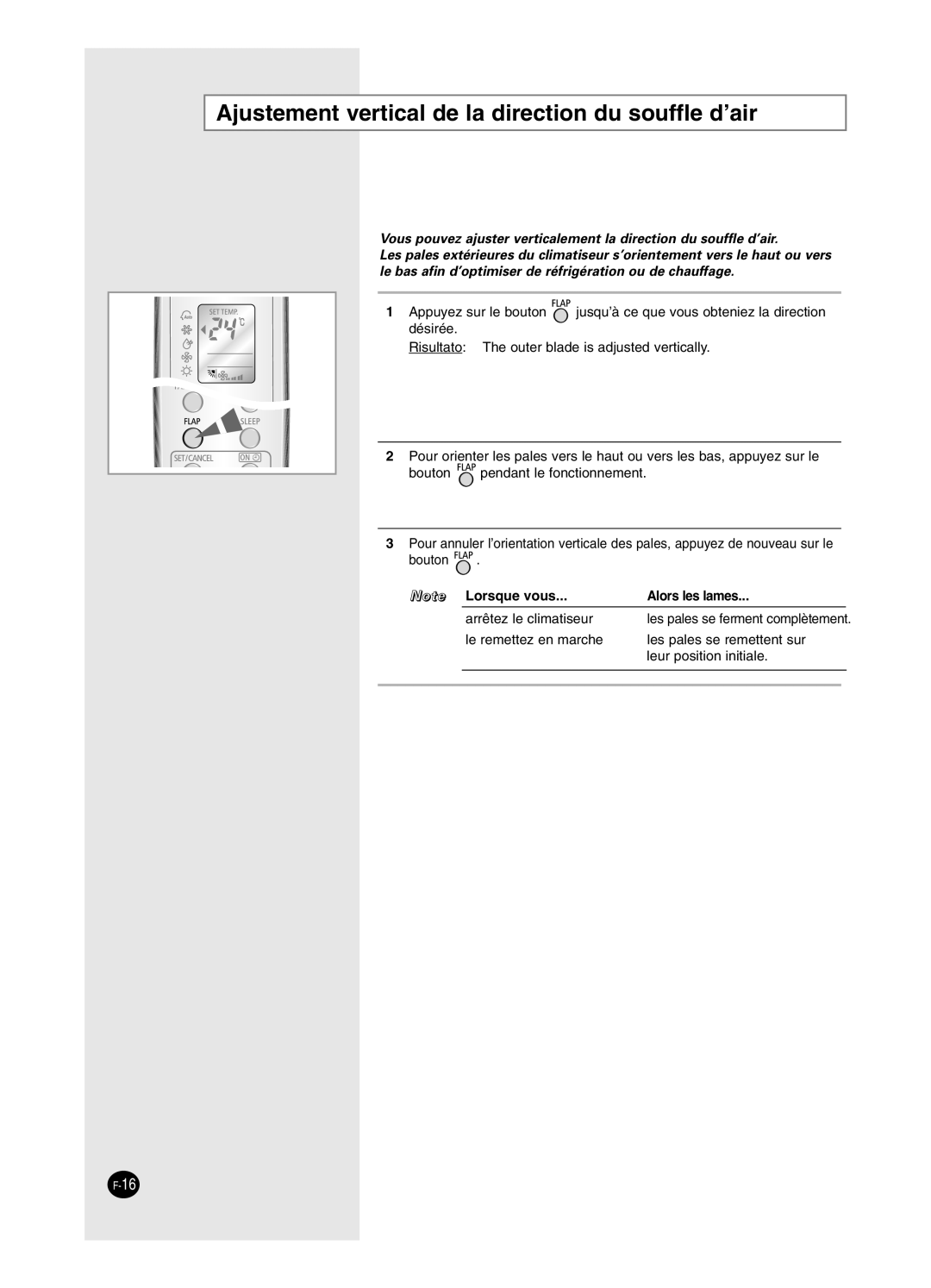 Samsung SH24BW2, SH18BW6 manual Ajustement vertical de la direction du souffle d’air, Alors les lames 