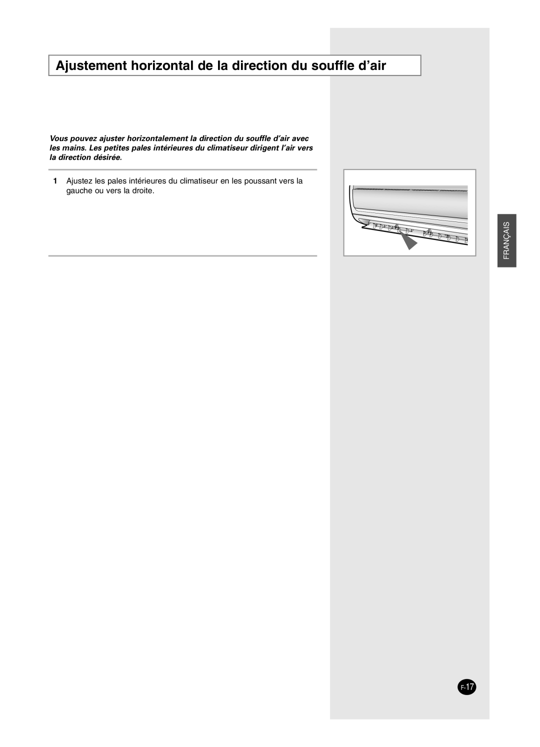 Samsung SH18BW6, SH24BW2 manual Ajustement horizontal de la direction du souffle d’air 