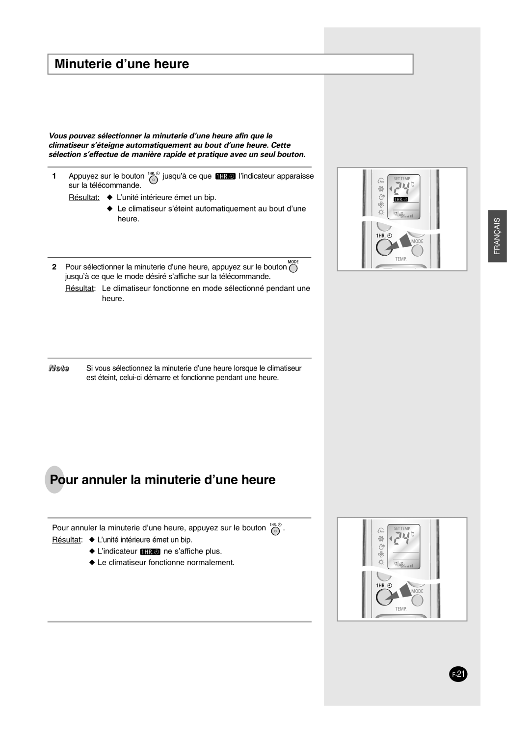 Samsung SH18BW6, SH24BW2 manual Minuterie d’une heure, Pour annuler la minuterie d’une heure 