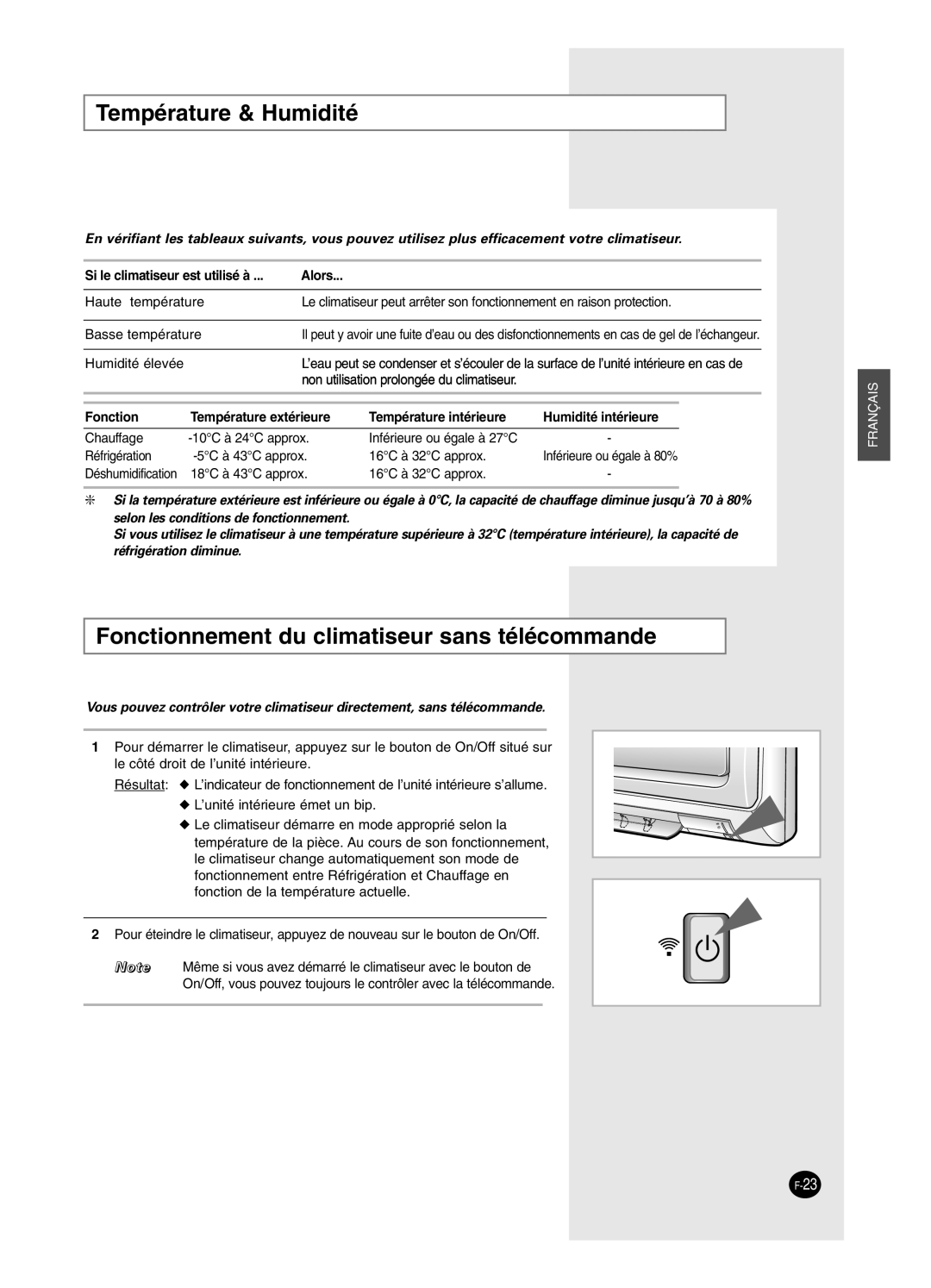 Samsung SH18BW6, SH24BW2 manual Température & Humidité, Fonctionnement du climatiseur sans télécommande 