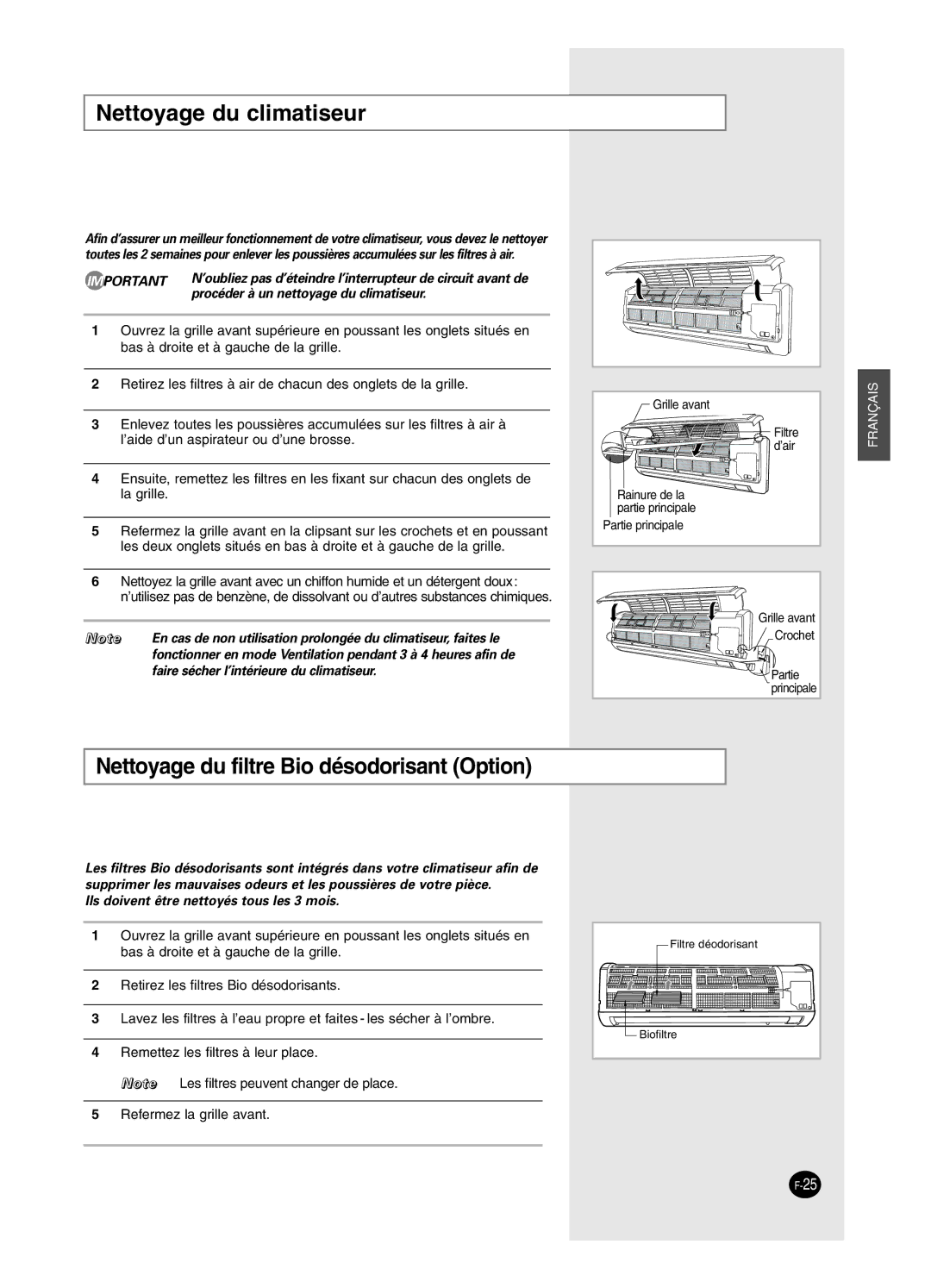 Samsung SH18BW6, SH24BW2 manual Nettoyage du climatiseur, Nettoyage du filtre Bio désodorisant Option 