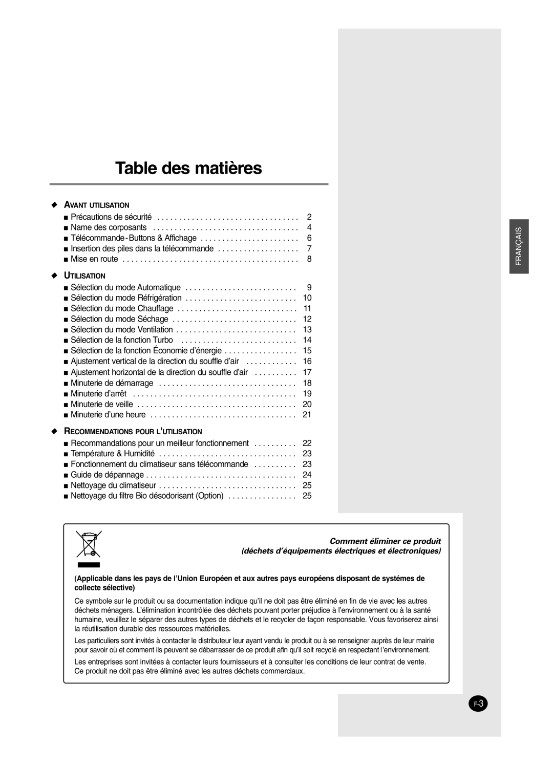 Samsung SH18BW6, SH24BW2 manual Table des matières 