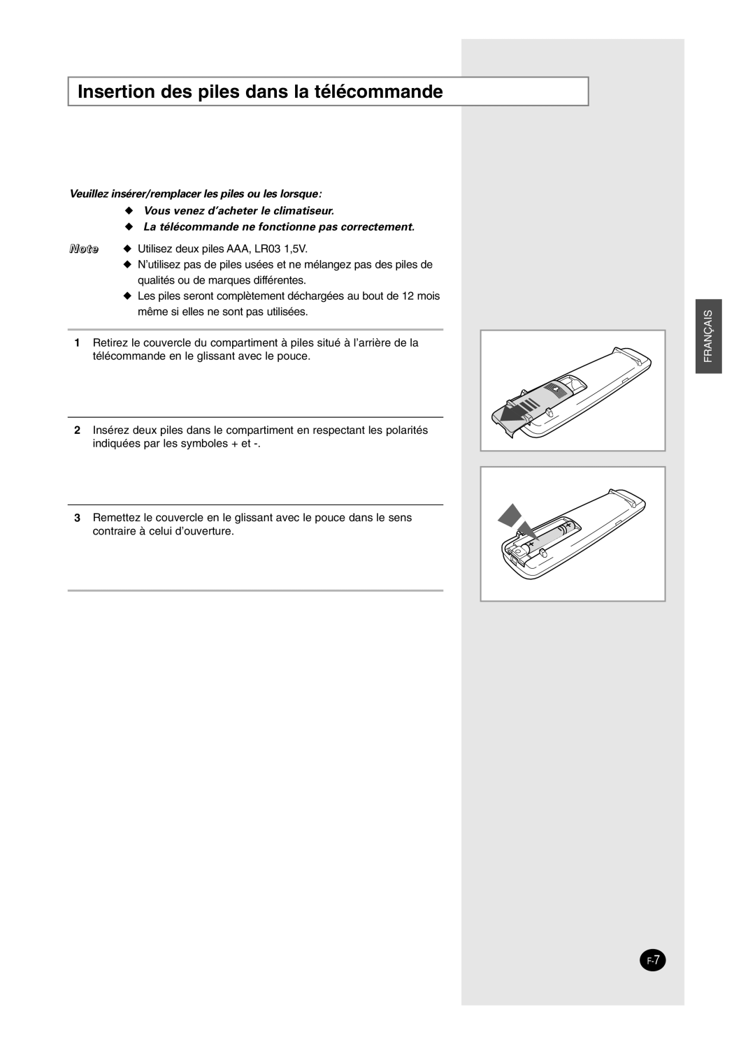 Samsung SH18BW6, SH24BW2 manual Insertion des piles dans la télécommande 