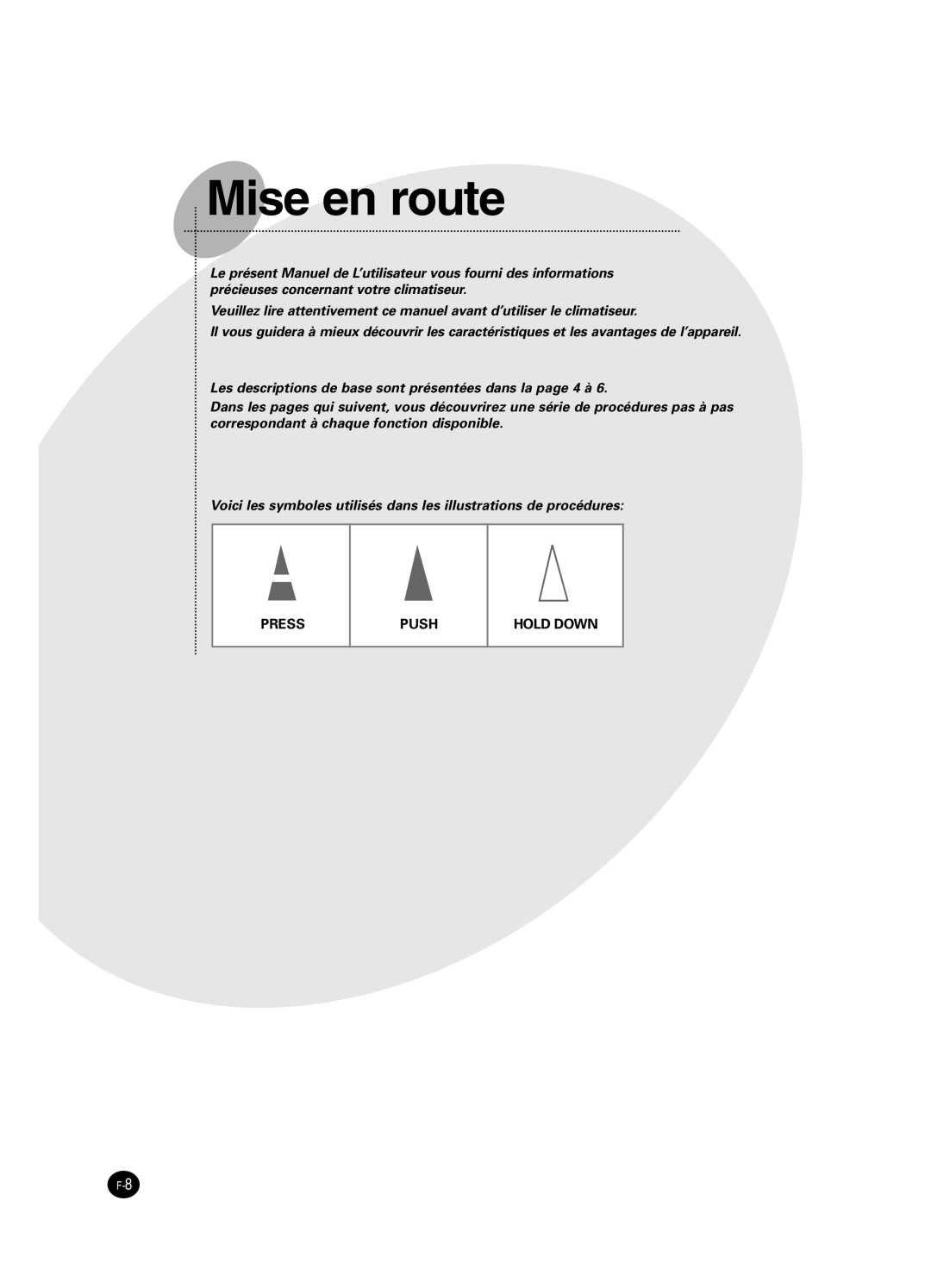 Samsung SH24BW2, SH18BW6 manual Mise en route 