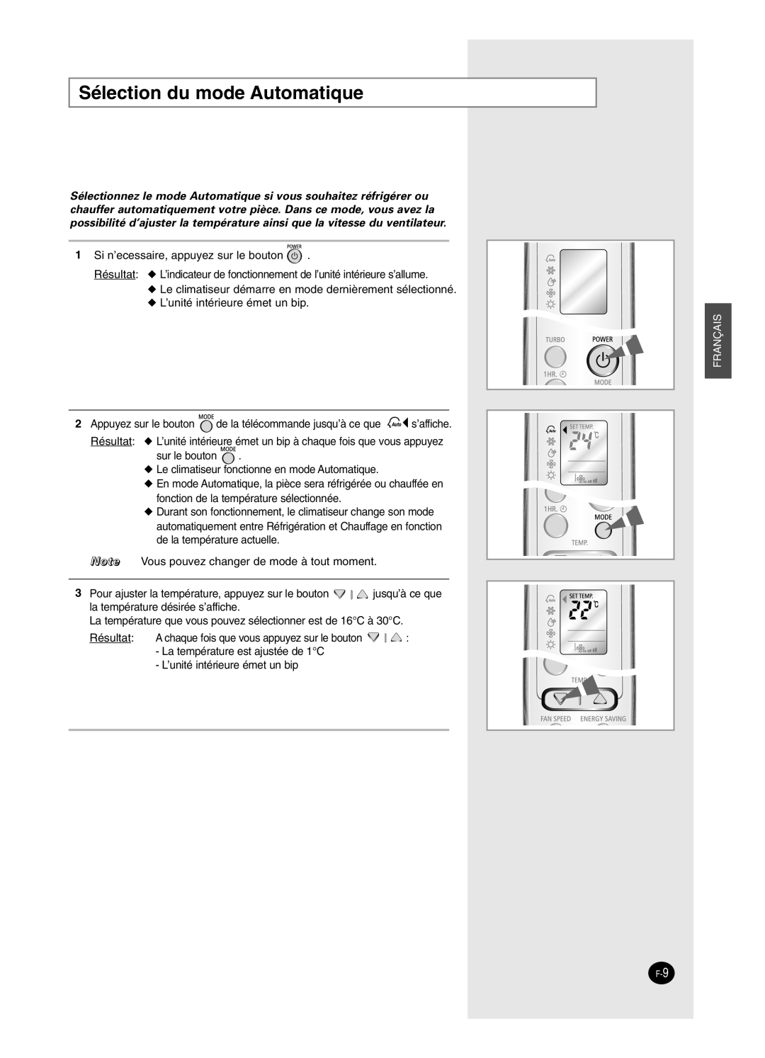 Samsung SH18BW6, SH24BW2 manual Sélection du mode Automatique 