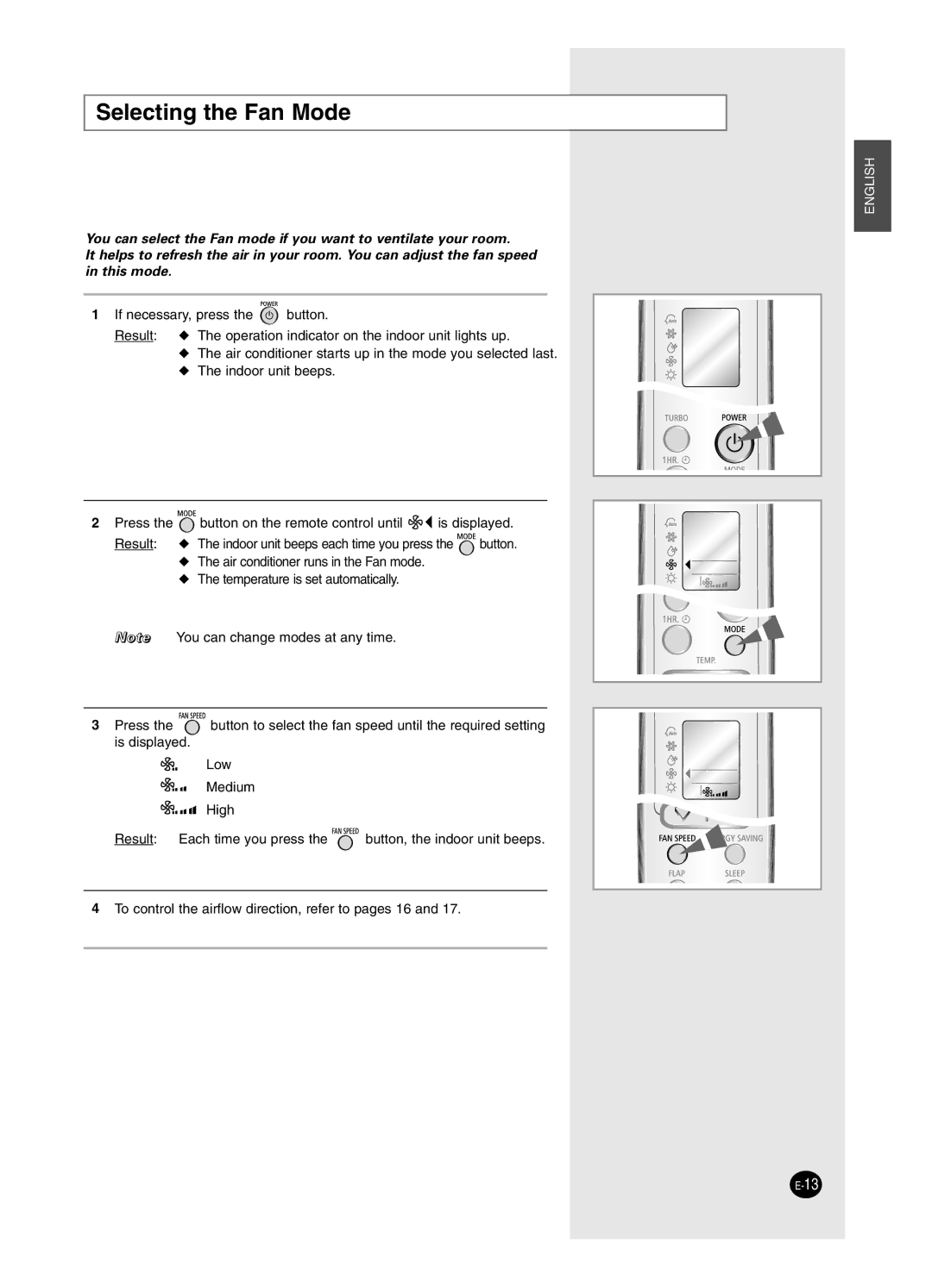 Samsung SH18BW6, SH24BW2 manual Selecting the Fan Mode 