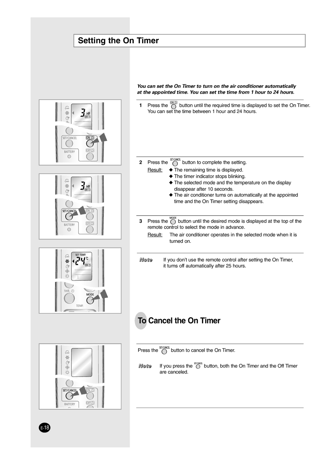 Samsung SH24BW2, SH18BW6 manual Setting the On Timer, To Cancel the On Timer 