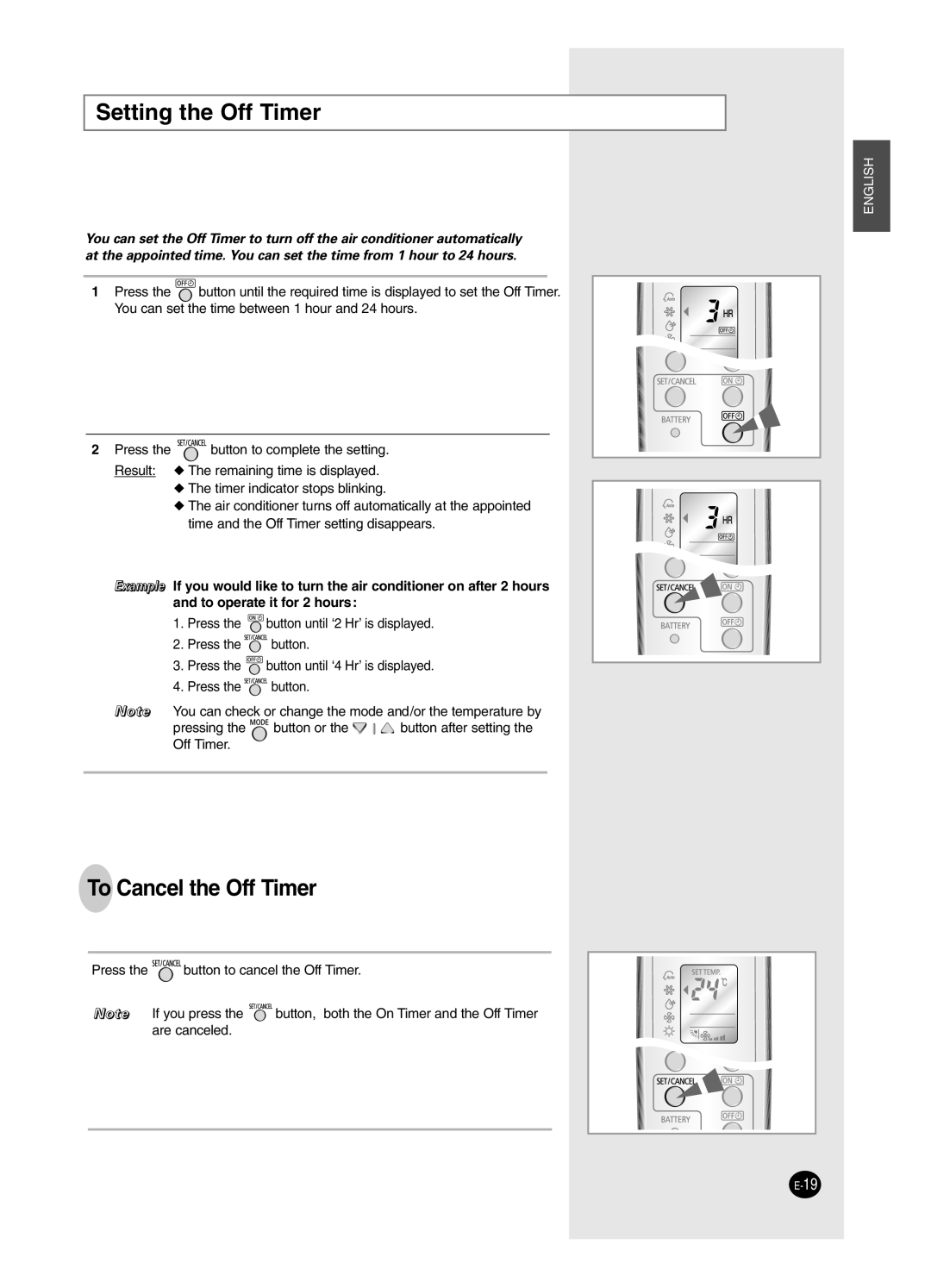 Samsung SH18BW6, SH24BW2 manual Setting the Off Timer, To Cancel the Off Timer 