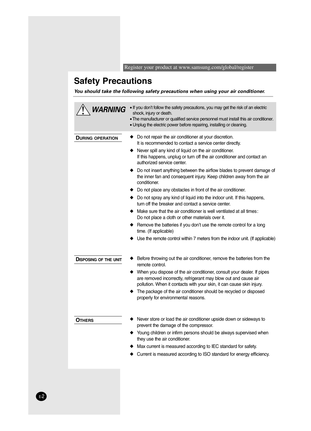 Samsung SH24BW2, SH18BW6 manual Safety Precautions 