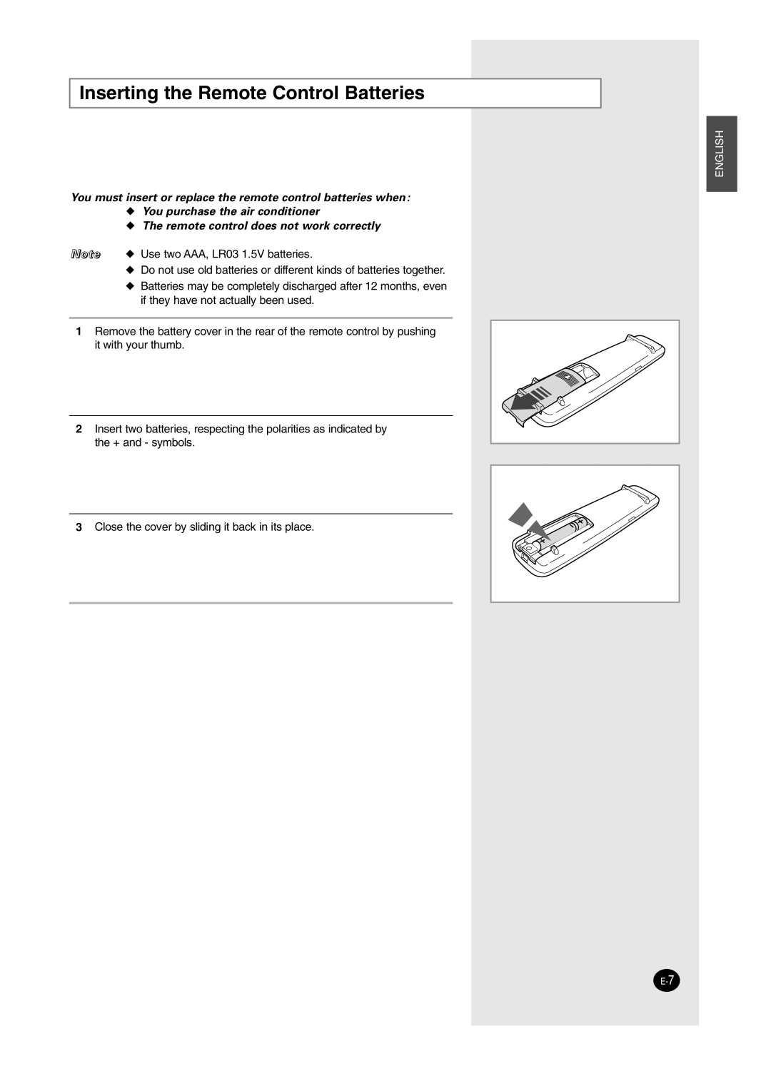 Samsung SH18BW6, SH24BW2 manual Inserting the Remote Control Batteries 