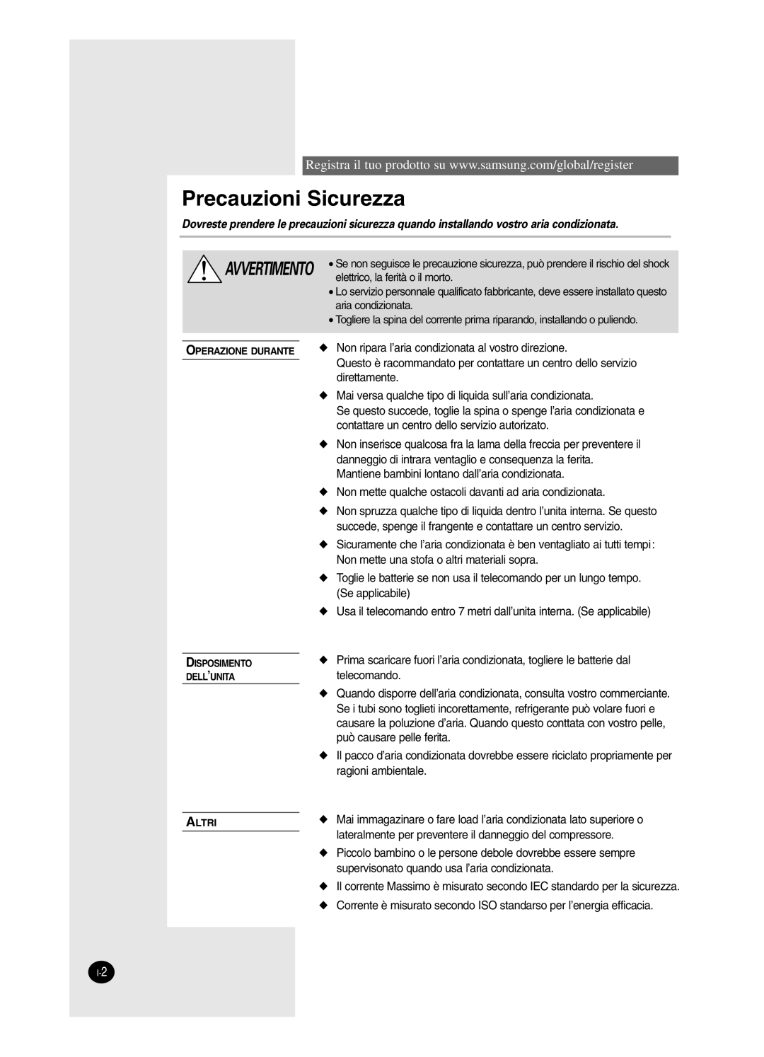 Samsung SH24BW2, SH18BW6 manual Precauzioni Sicurezza 