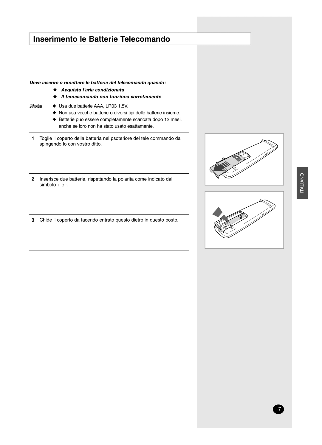 Samsung SH18BW6, SH24BW2 manual Inserimento le Batterie Telecomando 