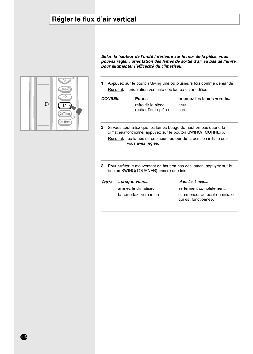 Samsung SH24TA5X, SH12VA1X, SH09ZA8X, SH09ZA7X, SH12ZA1A, SH24TA1, SH12ZA9X, SH12ZA1XA manual Régler le flux d’air vertical, Pour 