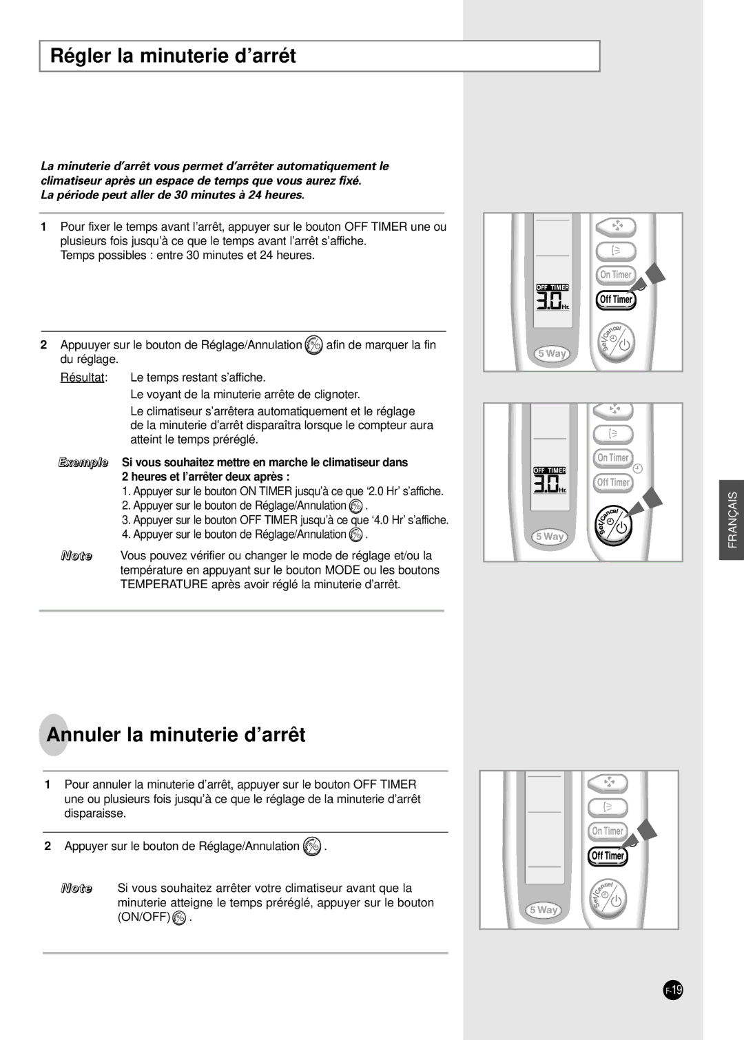 Samsung SH09ZA3, SH24TA5, SH12VA1X, SH09ZA8X, SH09ZA7X, SH12ZA1A Régler la minuterie d’arrét, Annuler la minuterie d’arrêt 