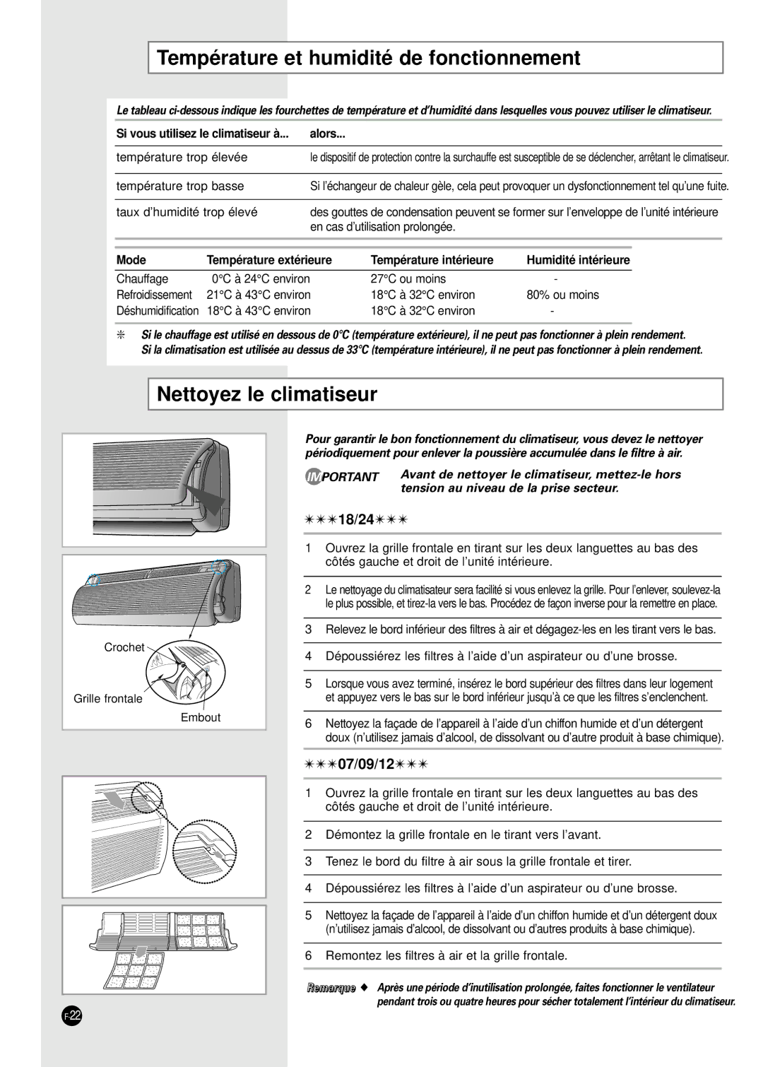 Samsung SH18ZA9, SH24TA5, SH12VA1X, SH09ZA8X manual Température et humidité de fonctionnement, Nettoyez le climatiseur, Alors 