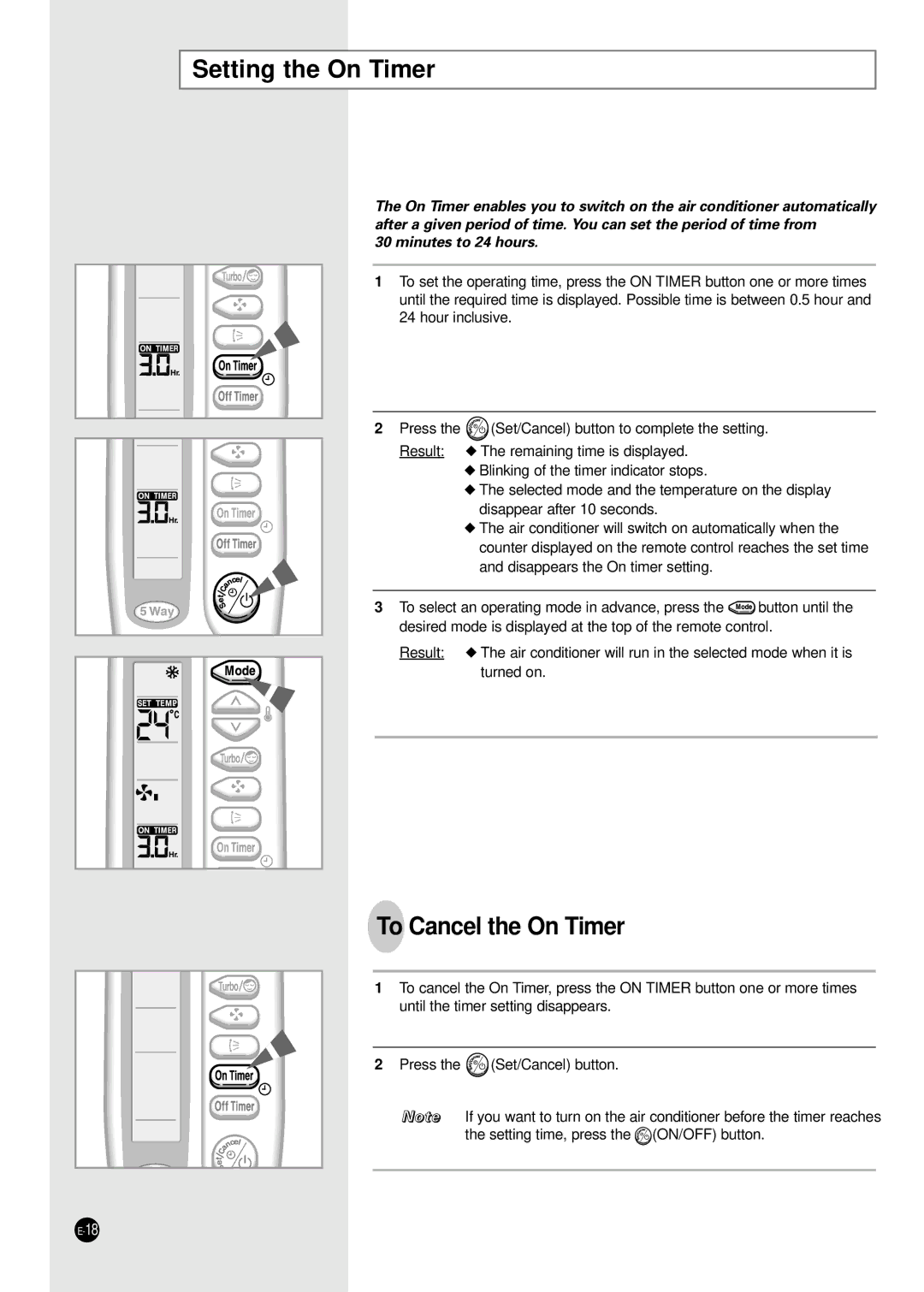 Samsung SH12ZABX, SH24TA5, SH12VA1X, SH09ZA8X, SH09ZA7X, SH12ZA1A, SH24TA1, SH07ZA3 Setting the On Timer, To Cancel the On Timer 